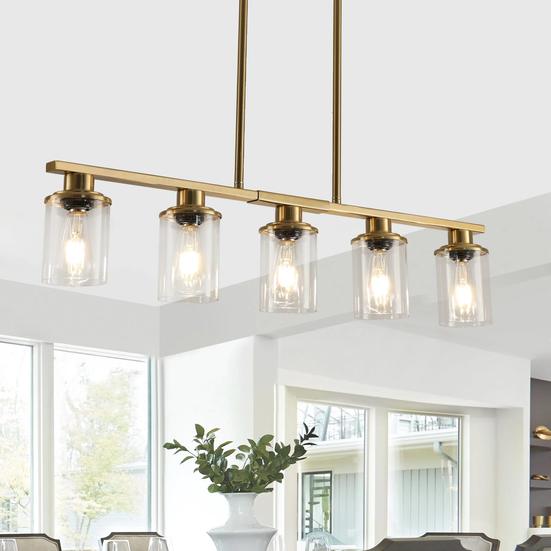 5-Light Kitchen Island Pendant Light, Farmhouse Industrial Chandeliers with Two Metal Rod Supports, Rectangular Island Lights for Kitchen, Living Room, Walnut/Black
