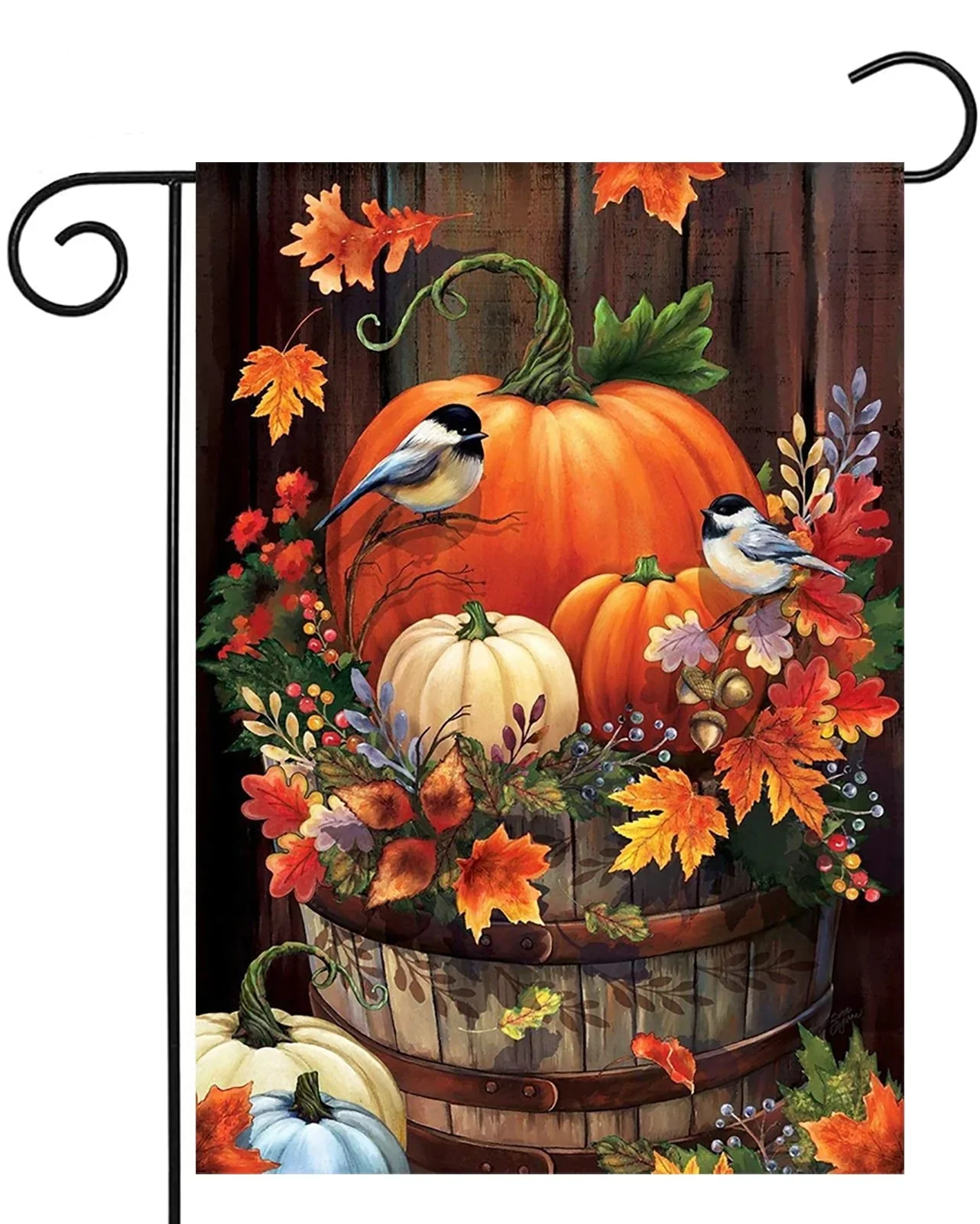 Fall Pumpkin Small Garden Flag 12x18 Inch，Thanksgiving Vertical Double Sided Autumn Watercolor Bird Burlap Yard Outdoor Decor