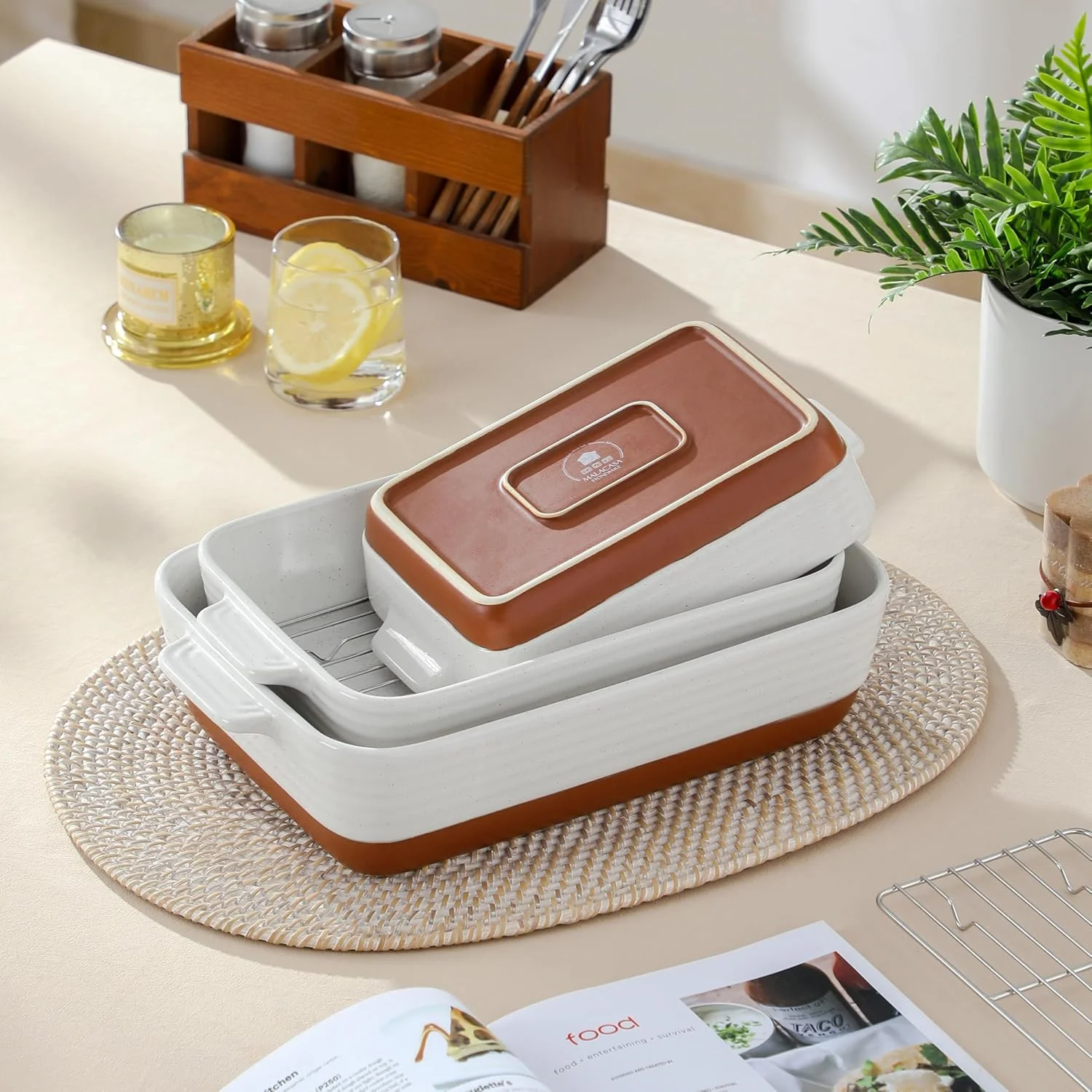 Casserole Dishes for Oven with Roasting Racks, Ceramic Baking Dishes Set of 3, Baking Pan Casserole Dish Set, Rectangular Lasagna Pan Deep with Handles for Baking, Khaki White (14.5''/13''/10.5''),(With Racks)