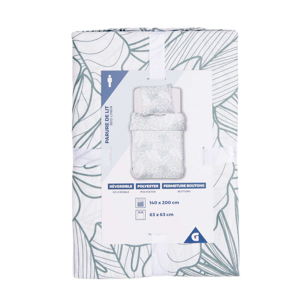 Parure de lit 1 personne 140x200cm polyester motif feuillage vert et blanc