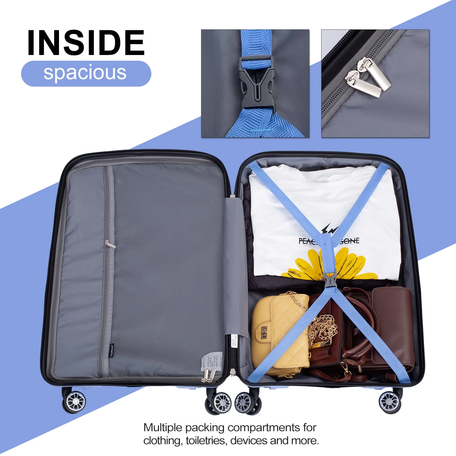 Tripcomp 3 Piece Luggage Sets, Hard Shell Carry on Luggage, PP Case with Two Hooks, Spinner Wheels, TSA Lock, Airline Approved, Lightweight Durable Suitcase, （20