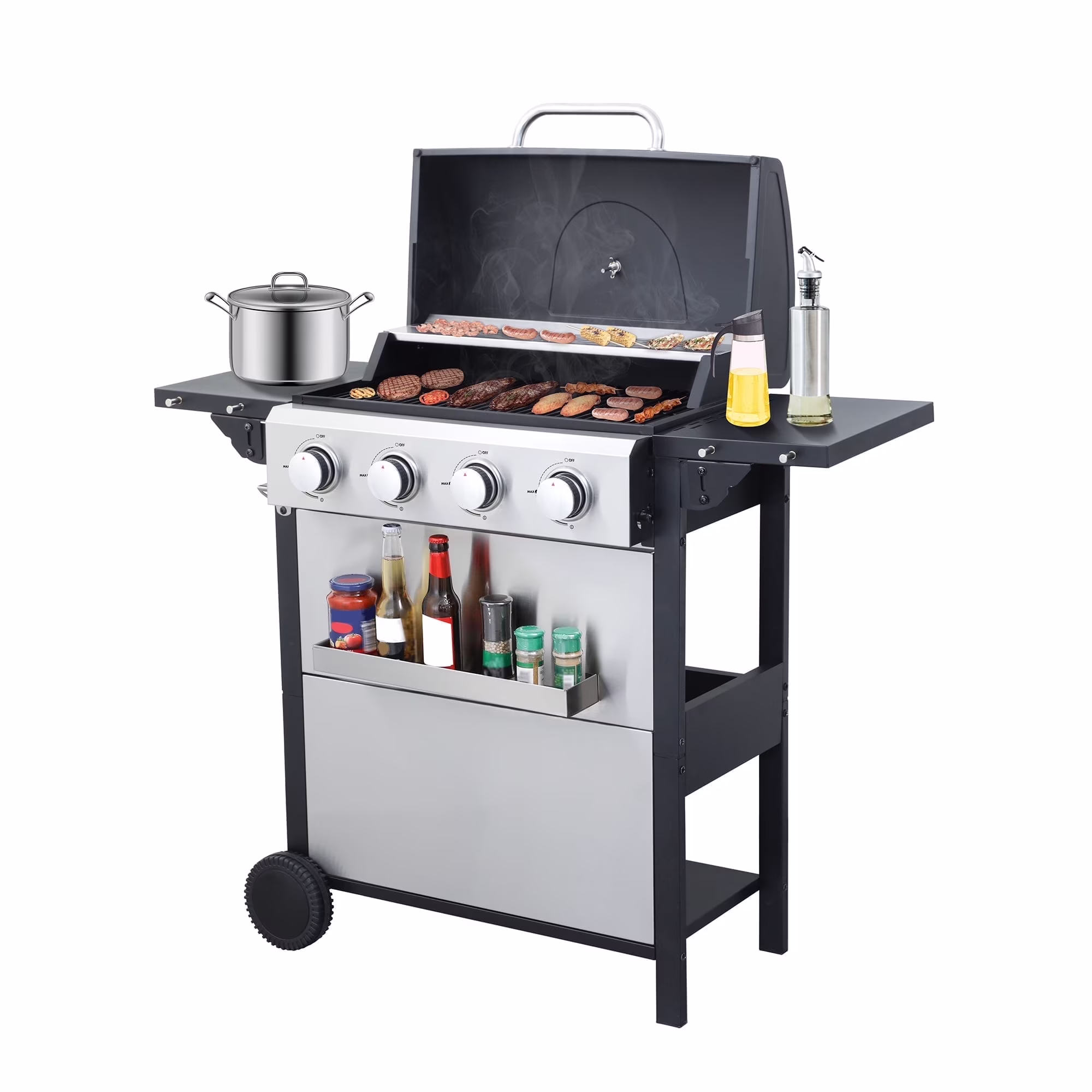 4-Burner Propane Gas Grill 34,200 BTU BBQ Grill, Stainless Steel Control Panel, Easy Ignition, Temperature Gauge, 2 Enameled Cooking Grids for Backyard BBQ