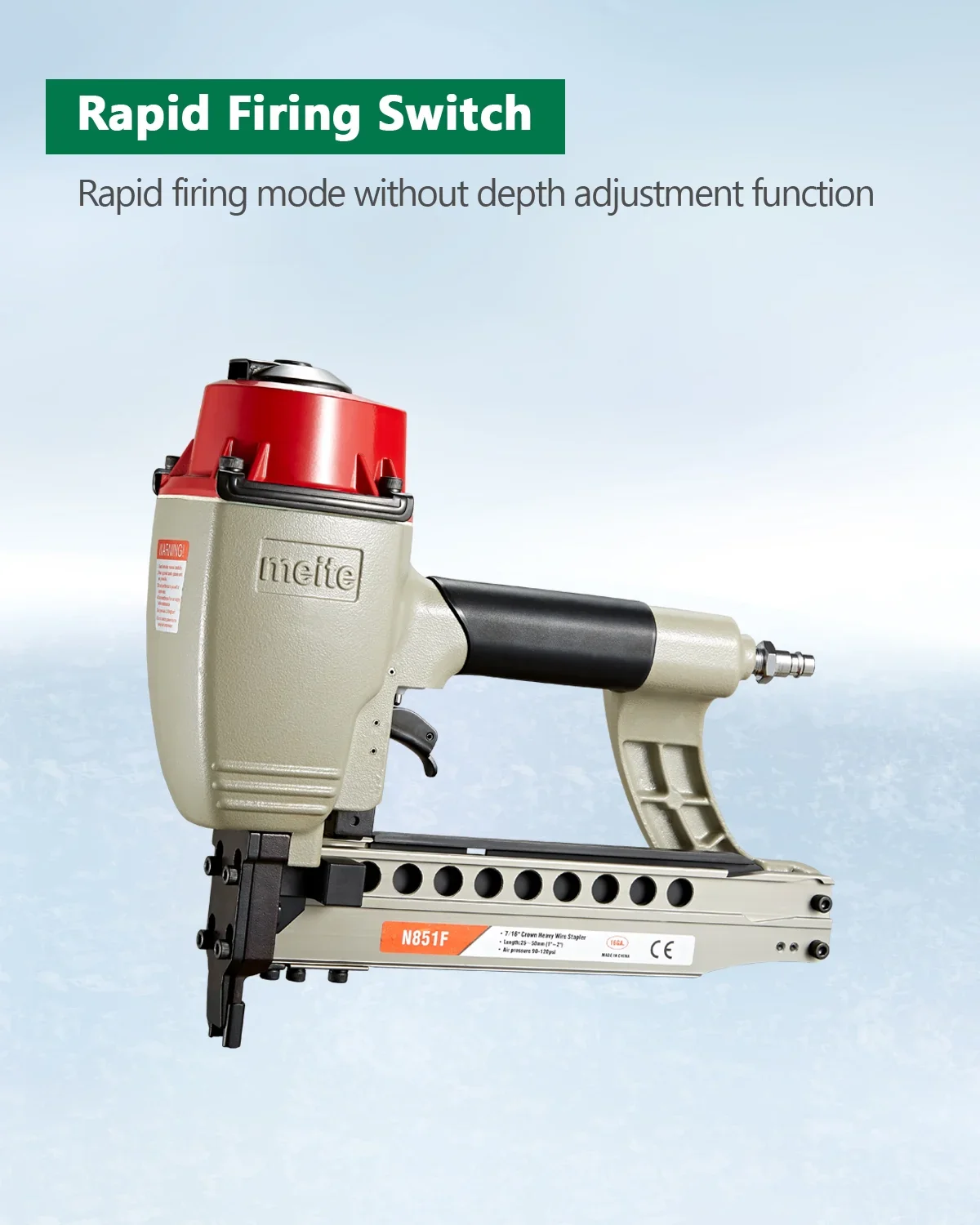 meite N851F Pneumatic Staple Gun 16 Gauge 7/16 Crown Sequential Nailing, Uses 16 GA 7/16-Inch Staples (1-Inch to 2-Inch)