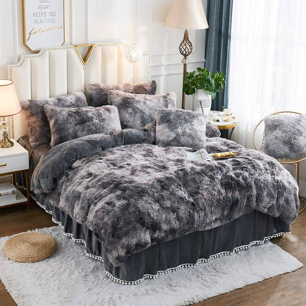 JAUXIO Luxury Abstract Faux Fur Bedding Set Tie Dye Printed Shaggy Duvet Cover with Pillow Shams Soft Crystal Velvet Reverse (Queen, Dark Grey)