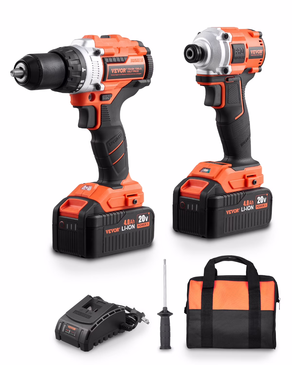 VEVOR Tool Combo Kit, 20V Max Cordless 2-Tool Combo Kit, with 1/2 in Impact Drill, 1/4 in Impact Driver, Compact Cordless Power Tool Combo Kit with 4.0 Ah Batteries