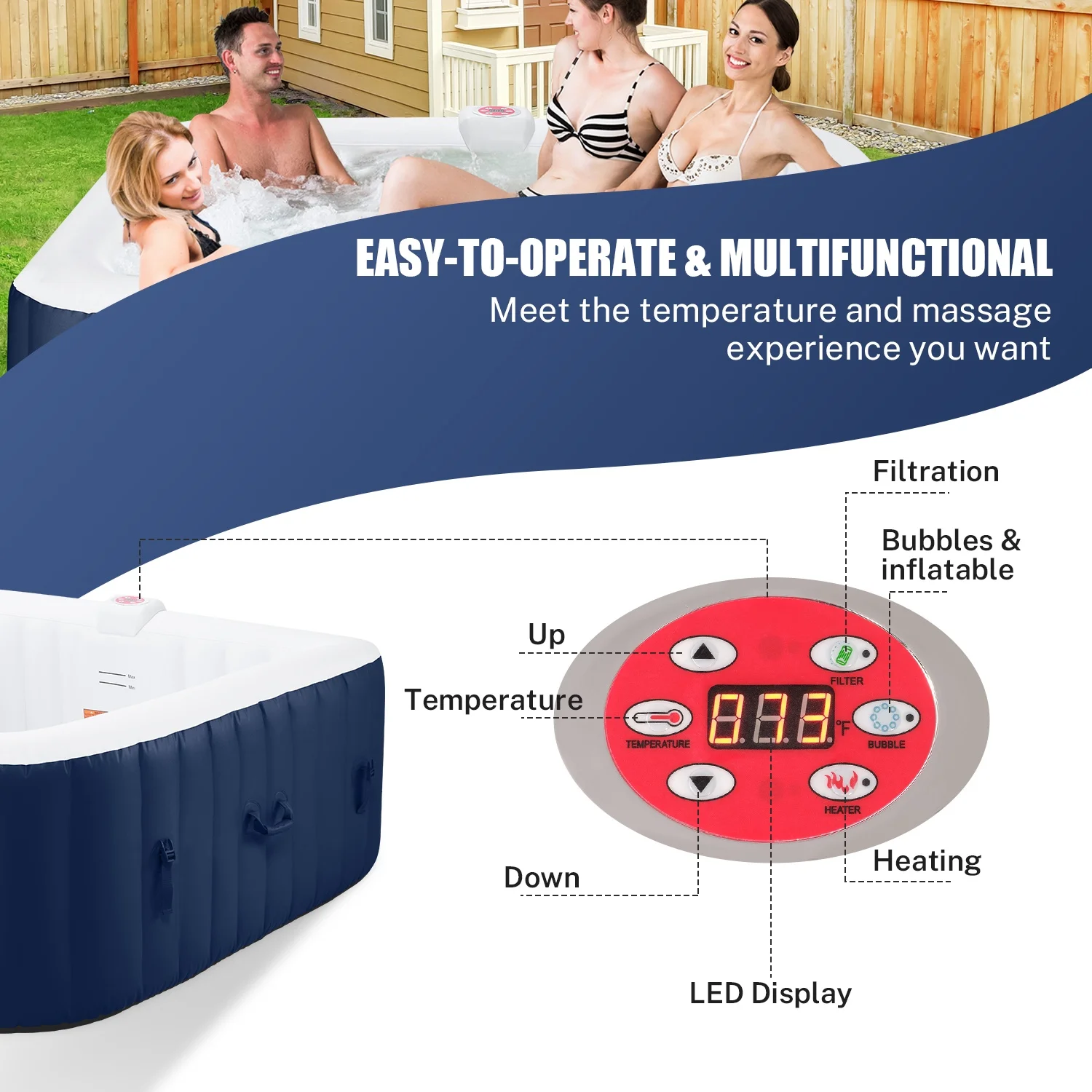 Hot Tub for 4-6 Person, Outdoor Patio Large Inflatable Hot Tub Home SPA, with 130pcs Massage Jets, 910L, 4 Filters, 2 Cup Holders, Lockable Cover, Storage Bag, Max 104�H, 73in, Navy(Navy) - Image 4