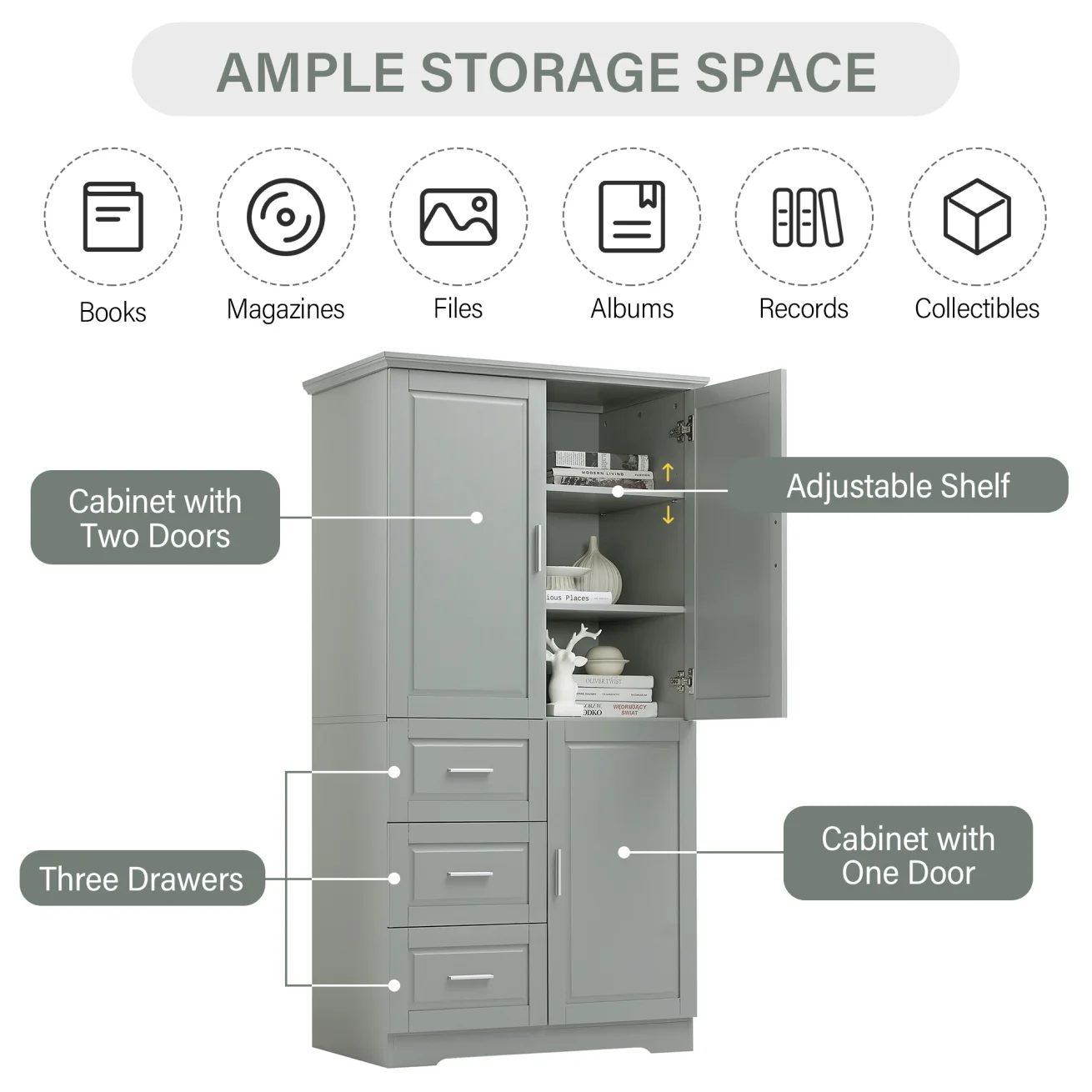 Bathroom Cabinet, 62.2" Tall Storage Cabinet with Doors and Shelves, Freestanding Linen Closet for Bathroom, Kitchen, Living Room, Grey(Grey) - Image 4