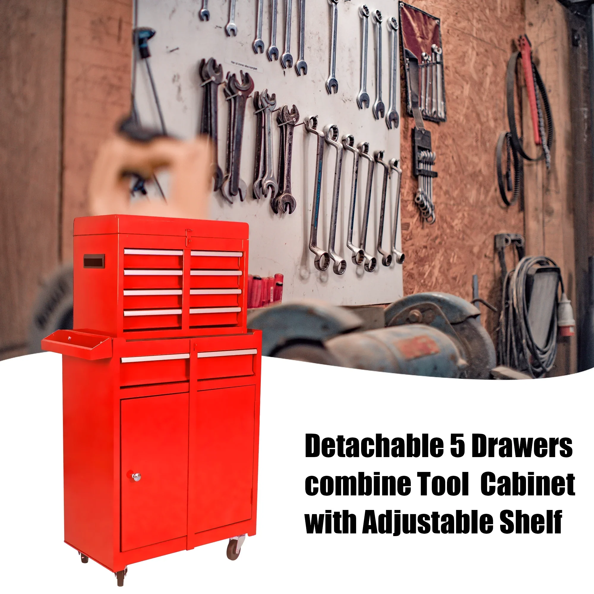 BTMWAY 5-Drawer Rolling Tool Storage Cabinet with Detachable Top Tool Box, Tool Chest with Universal Lockable Wheels, Metal Tool Cart for Garage, Workshop, Barbershop,red