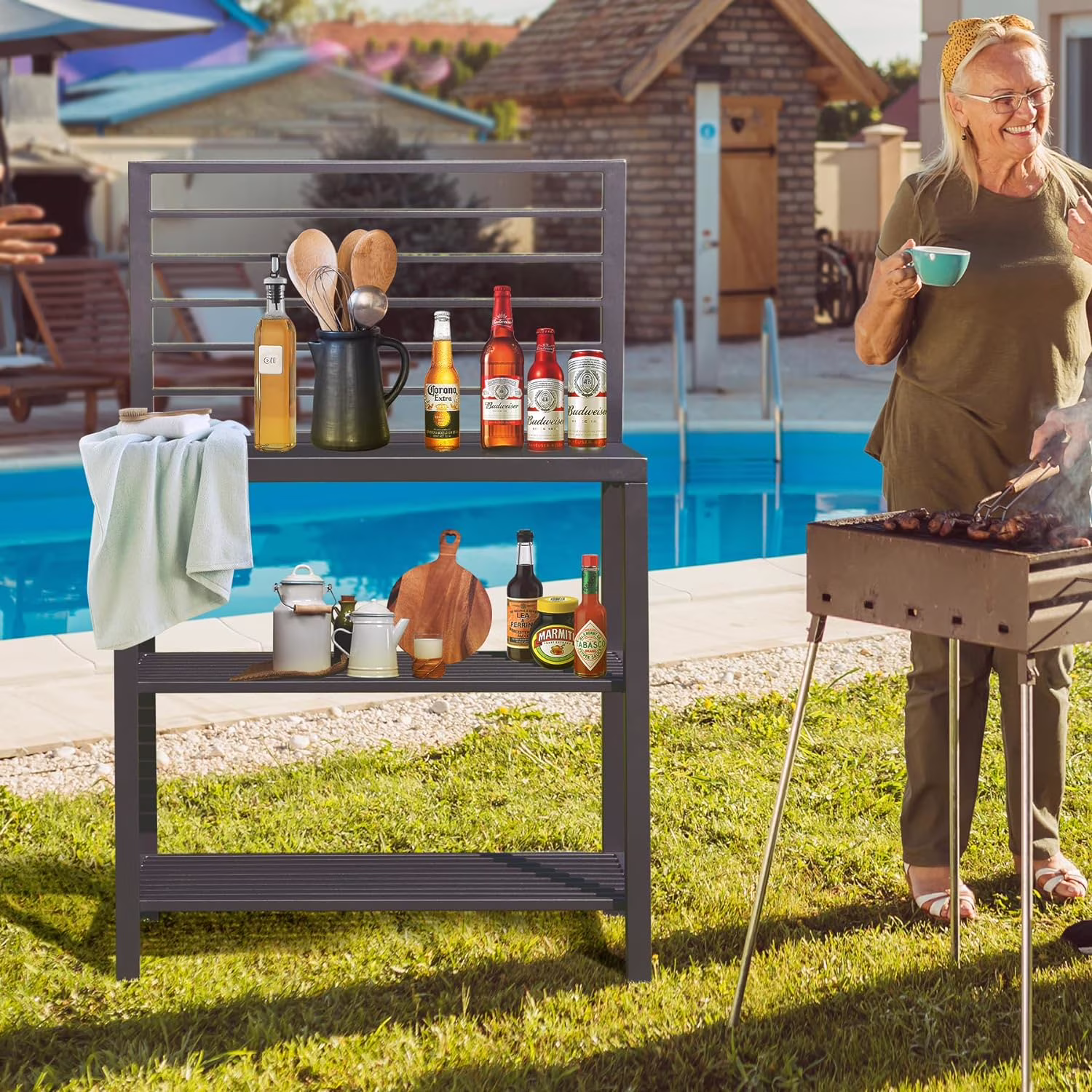 Outdoor Kitchen Series 5-Piece Modular Outdoor Kitchen, Aluminum Storage Islands Sink Table, Corner Bar Cabinet Grill Storage Cabinet with Protective Cover, Outdoor Kitchen for Deck, Patio, Backy(5-Pieces Set) - Image 9