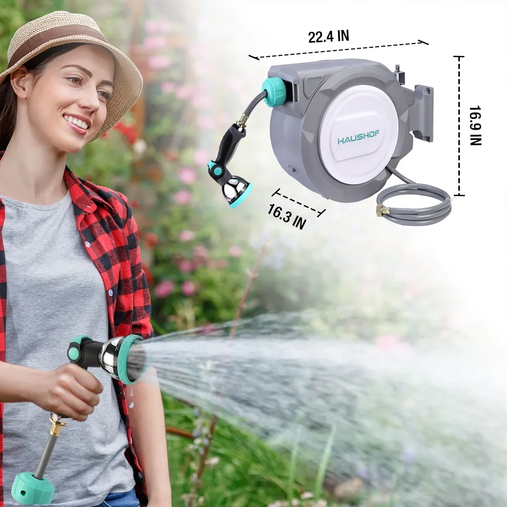 HAUSHOF 1/2 x 100 ft Retractable Garden Hose Reel with Automatic Rewind, 10-Pattern Spray Nozzle, Durable High-Pressure Hose, and 180�� Swivel Bracket �C Perfect for Watering Gardens, Cleaning Patios
