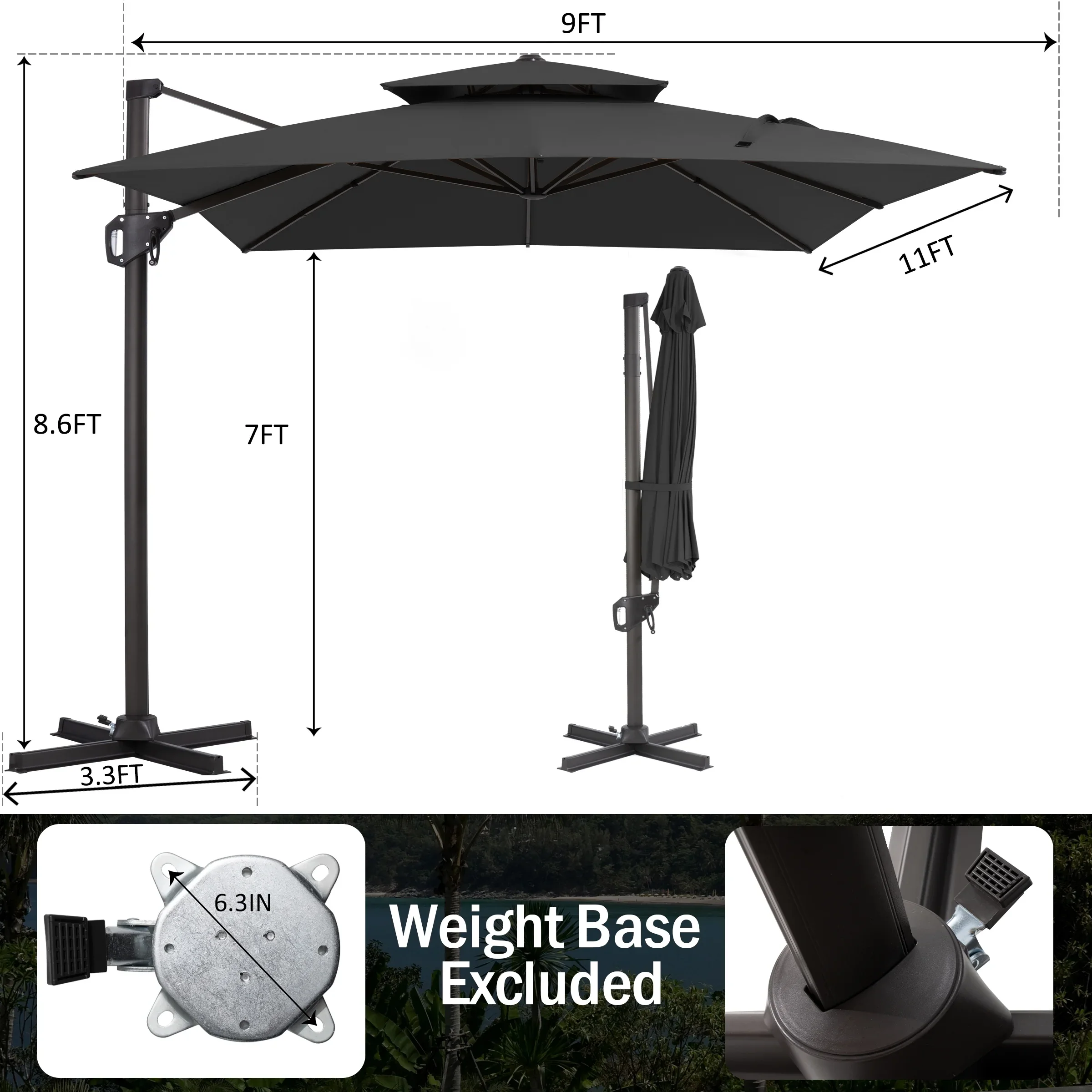Pellebant 9' X 11' Patio Umbrella Outdoor Rectangle Umbrella Large Cantilever Umbrella Windproof Offset Heavy Duty Sun for Garden Deck Pool Patio
