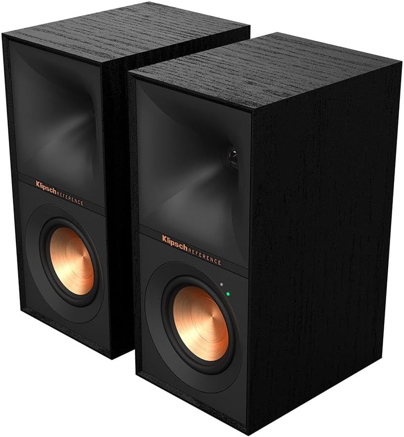 Klipsch Reference R-40PM Powered Bookshelf Speakers - 90-Degree x 90-Degree Tractrix Horn - Linear Travel Suspension - Sleek  Modern Appearance
