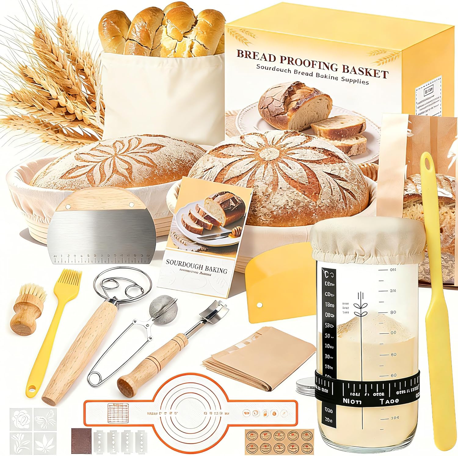 Sourdough Starter Kit, Sourdough Bread Baking Supplies, Round & Oval Banneton Bread Proofing Basket, Bread Sling, Starter Jar, Dough Whisk, Scrapers, Stencils & Bag, Complete Sourdough Kit Gifts