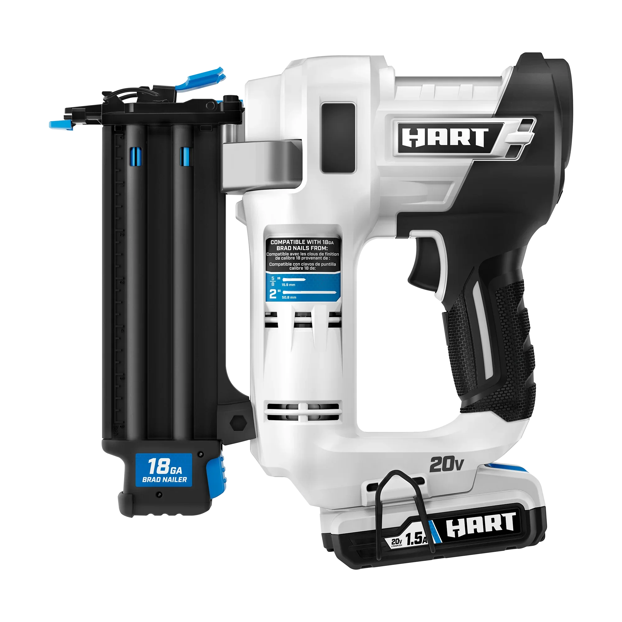 HART 20-Volt 2-inch 18-Gauge Battery-Powered Brad Nailer Kit, (1) 1.5Ah Lithium-Ion Battery