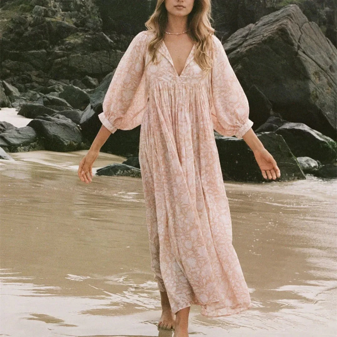Robe Longue Bohème Femme à Manches Bouffantes - Idéale Été Élégante