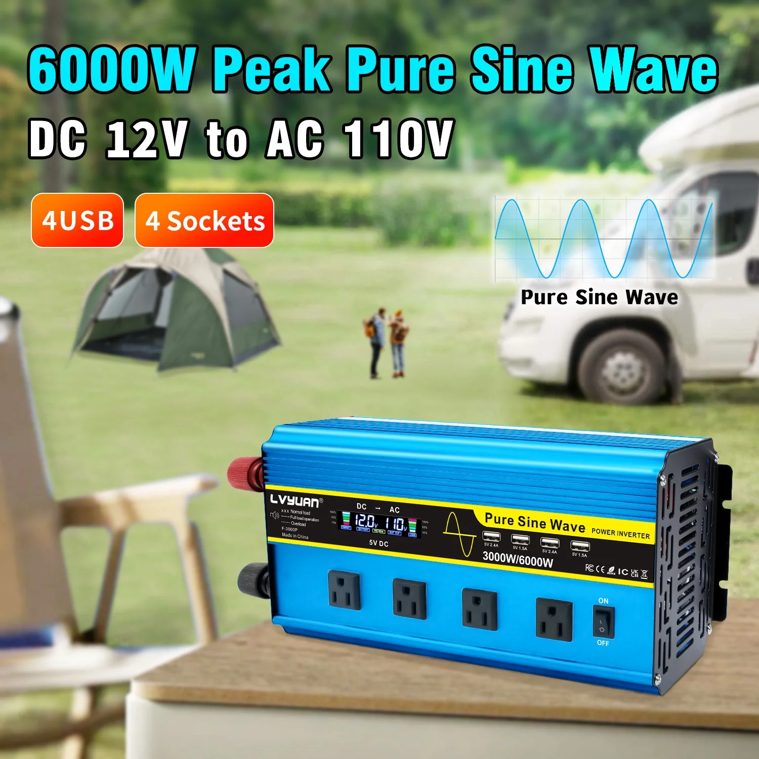 LVYUAN 3000watts Pure Sine Wave Power Inverter DC 12V to AC 110V 120V Converter 4USB 4AC LCD Display with Remote Control
