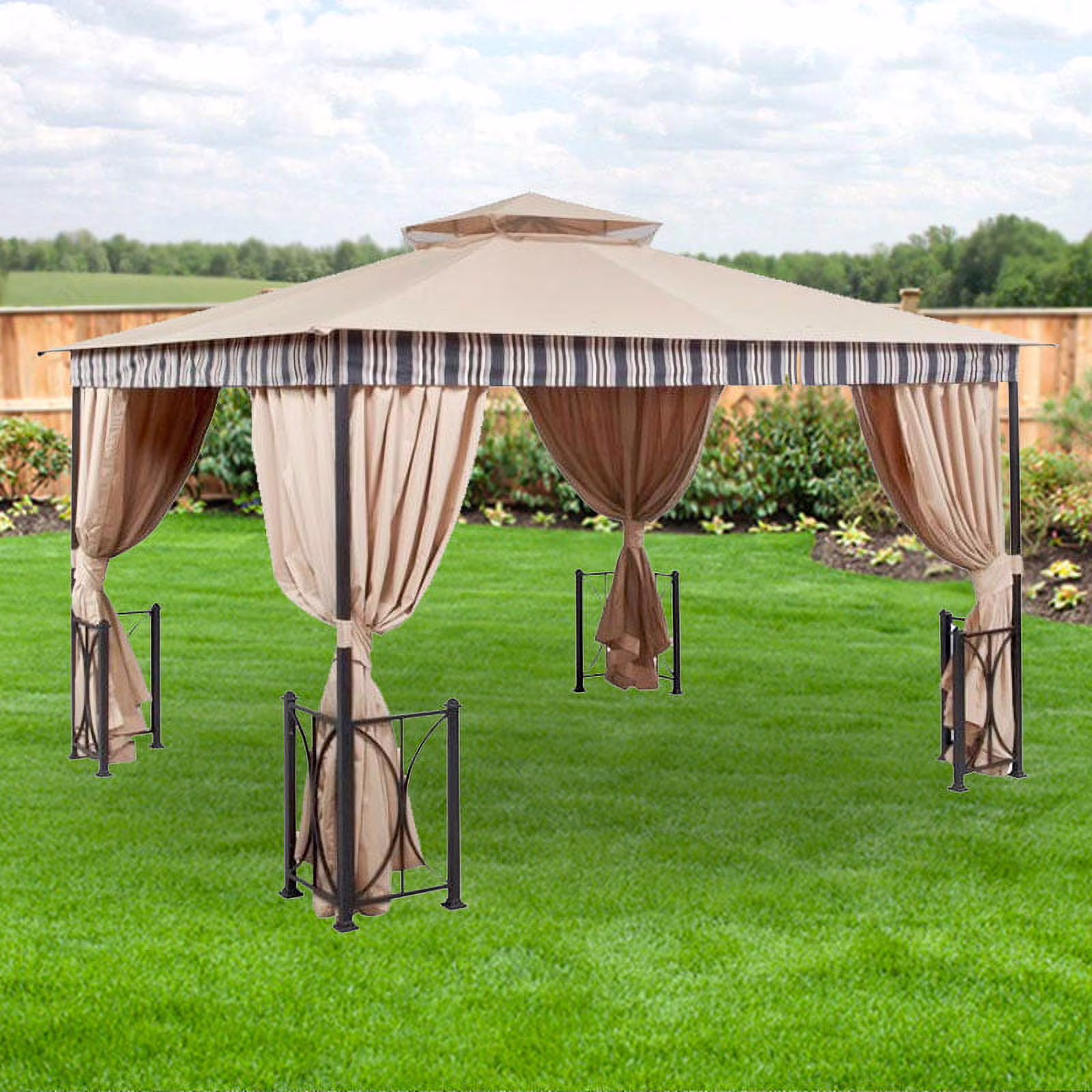 Garden Winds Replacement Canopy Top and Side Mosquito Netting Set for Belcourt Gazebo - Riplock 350 - SOLID BEIGE ONLY