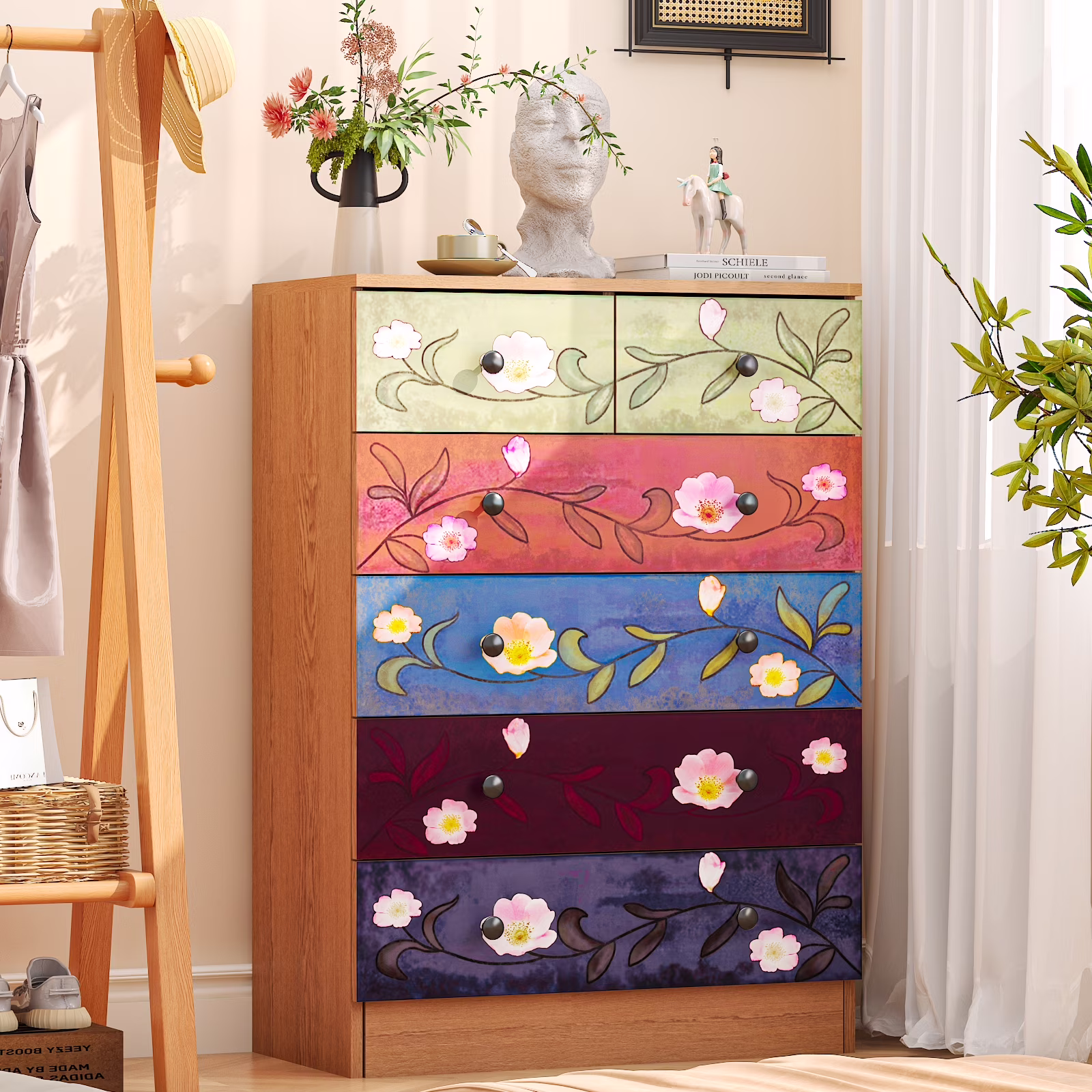 Wood 6-Drawer Dresser Organizer for Bedroom Storage Tower for Entryway Hallway Closet, Tall Chest Organizer Unit with Wood Bins, Floral Painted Wooden(Brown-5 Layer 6 Drawers)