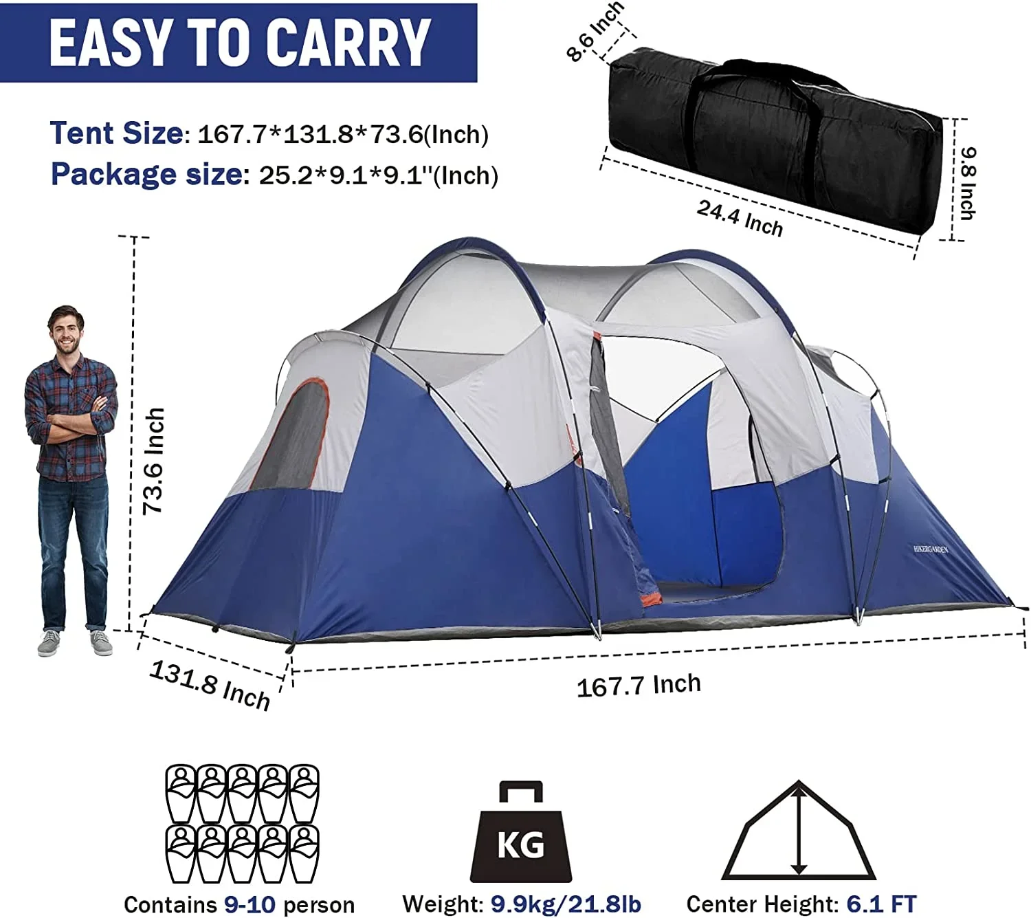 HIKERGARDEN 10 Person Camping Tent - Portable Easy Set Up Family Tent for Camp, Windproof Fabric Dome Tent Outdoor for Hiking, Backpacking, Traveling-14'x11'x74in(H)