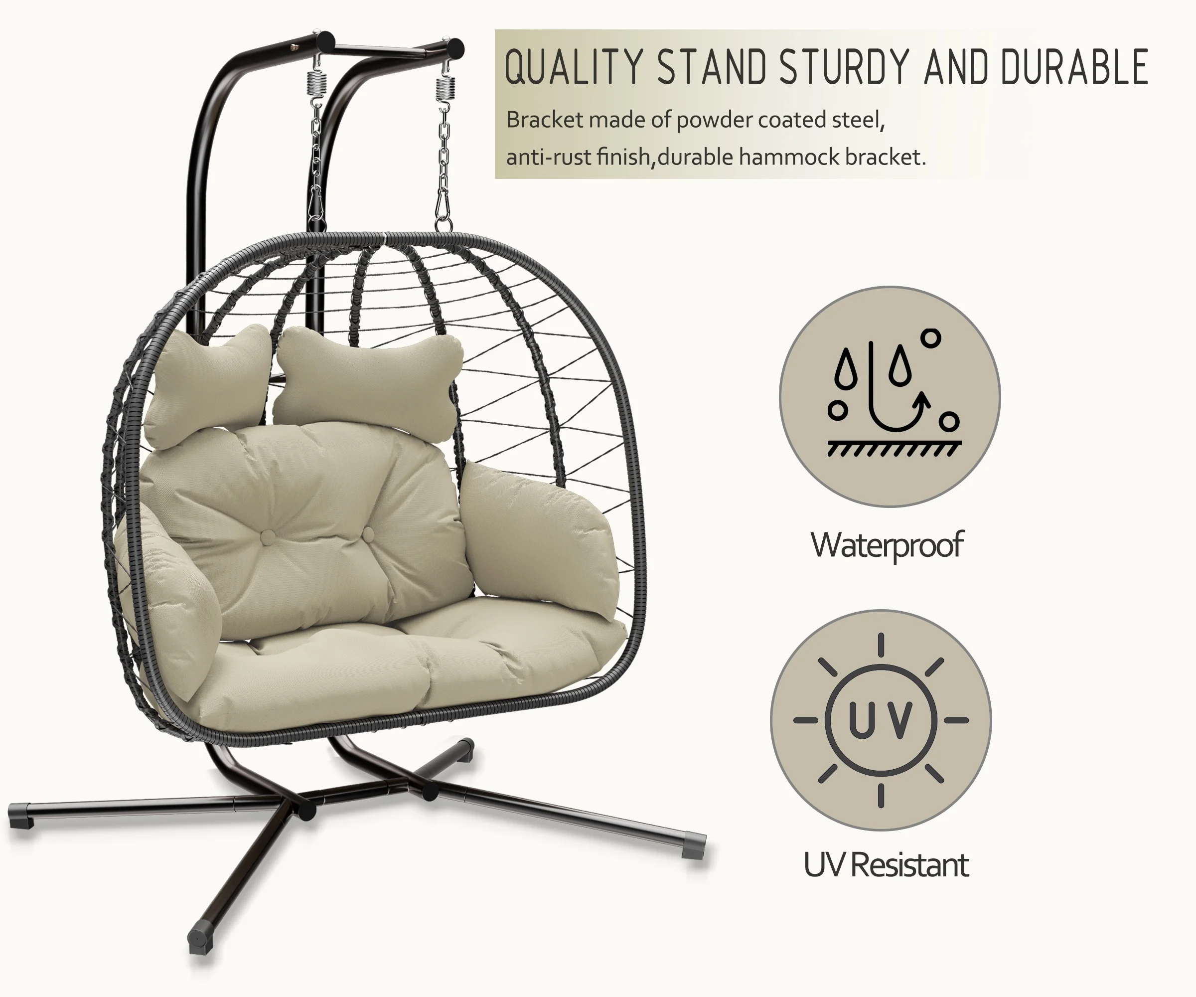 Double Wicker Swing Egg Chair Hammock Foldable Hanging Loveseat with Stand, UV Resistant Removable Cushions, 700LBS Capacity for Bedroom, Balcony (Black and Beige)(Black and Beige) - Image 6
