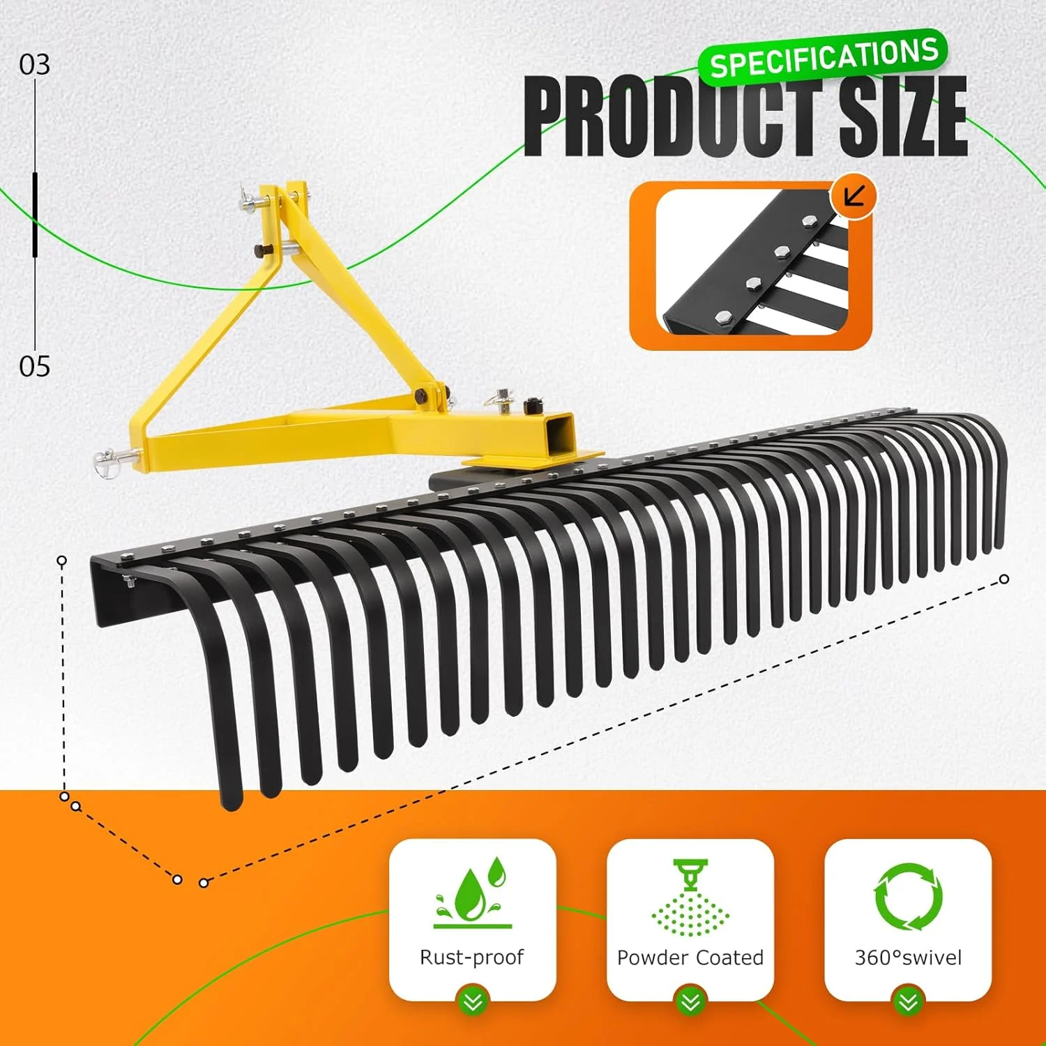 60In Landscape Rake 3 Point Rake 360 Degree Rotation Compatible with Category 1 Cat1 Compact Tractors Tow-Behind Garden Tool for Garden Farm Clearing Brush Raking Arenas 2 Package Yellow - Image 7