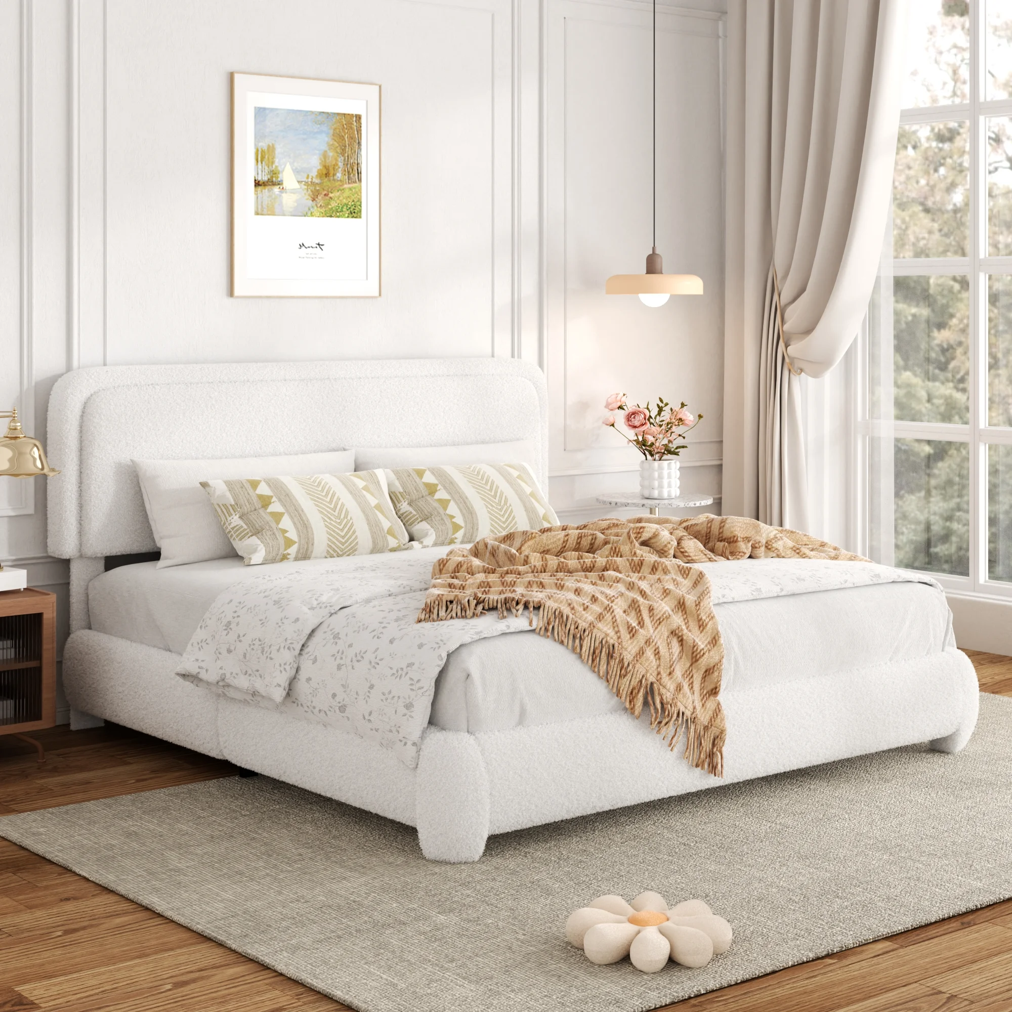 Lijimei King Size Boucle Bed Frame, Upholstered Cloud Platform Bed Frame with Headboard, Anti - Collision Soft Rounded Corners, Adjustable Headboard, Easy Assembly