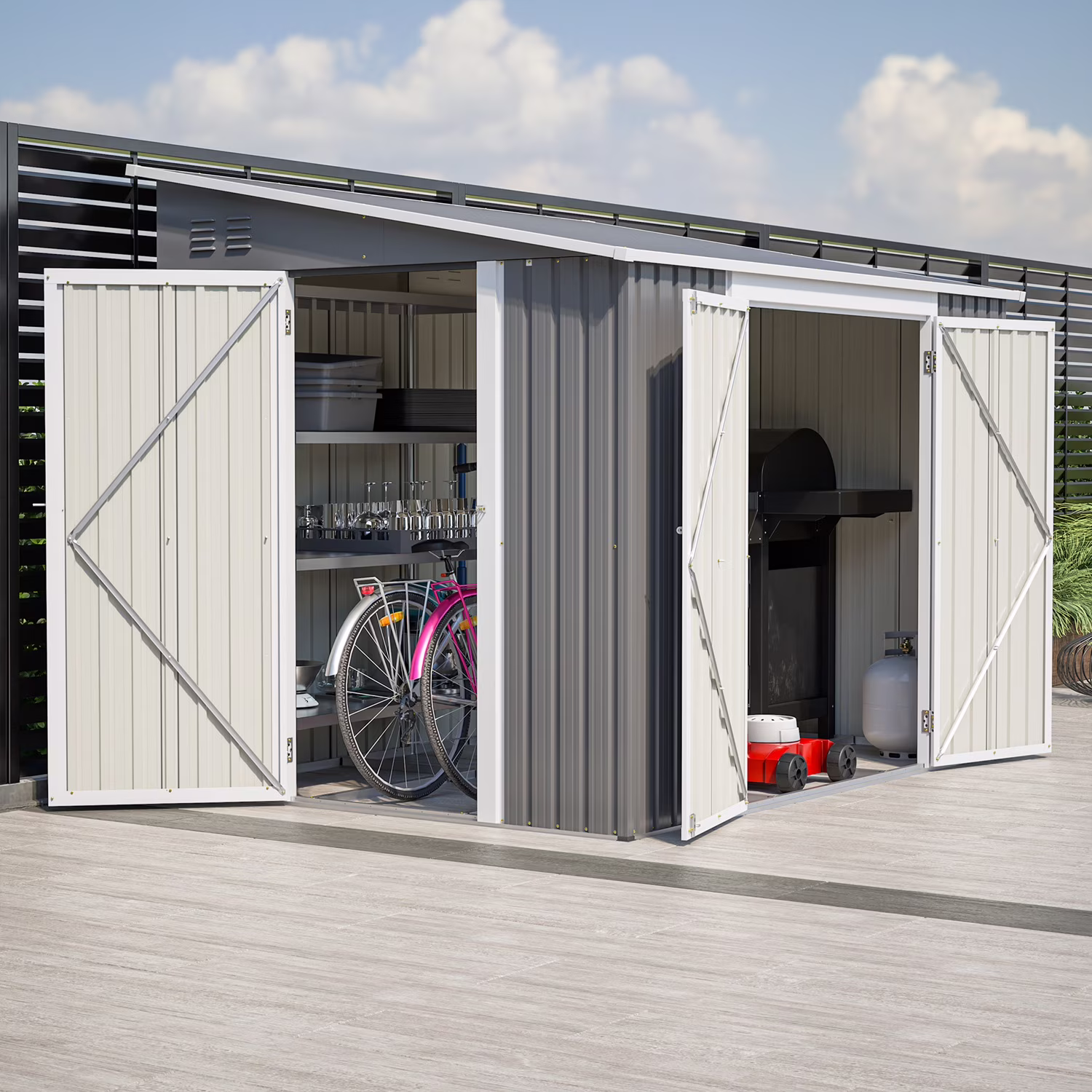 DetalleGo 8x6 FT Metal Outdoor Storage Shed with Lockable Doors & Floor Frame, Weatherproof Garden Tool Shed