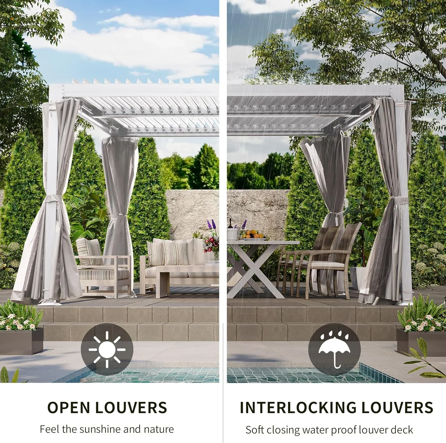 GAZEBETER 12' x 20' Louvered Pergola, Outdoor Aluminium Pergola with Adjustable Roof, Curtains and Netting, Hardtop Gazebo for Patio, Deck, Garden, Yard, Beach, White