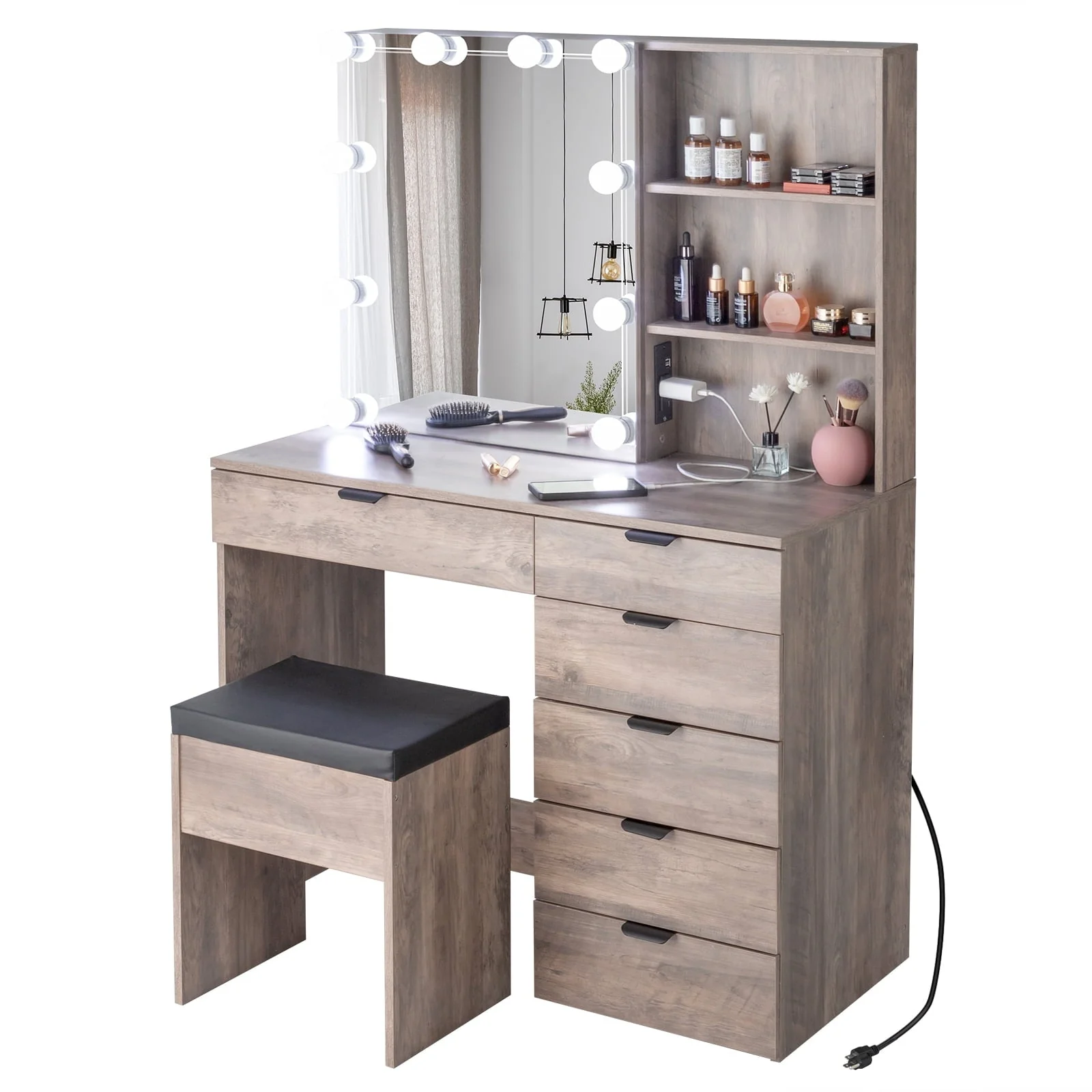 Ktaxon Vanity Table Set with USB Charging Stationfor Bedroom Makeup Dressing Table with Sliding Mirror,3 Color Light