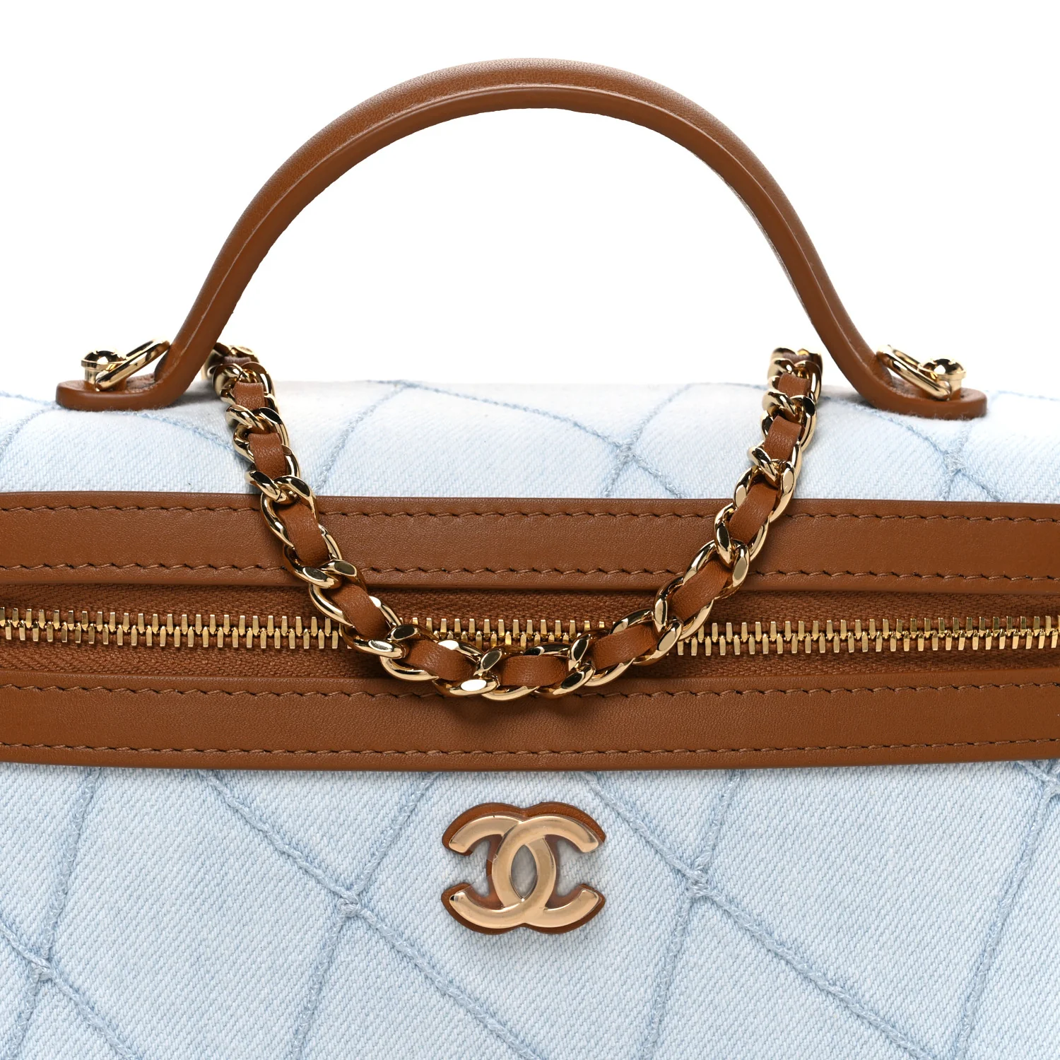 Washed Denim Calfskin Quilted Top Handle Slim Vanity Case With Chain Blue Brown