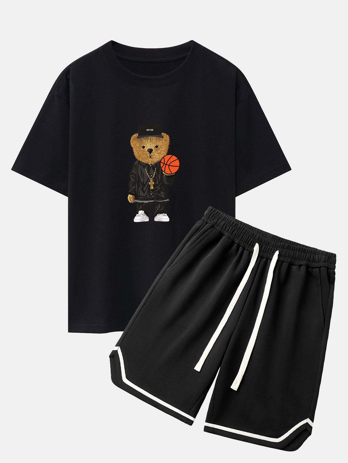T-shirt oversize à épaules tombantes imprimé ours et short de basket-ball