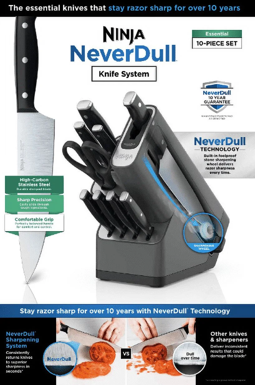Ninja Foodi Neverdull 10 - Piece Stainless Steel Essential Knife System with Sharpener, K12010 Black/Gray