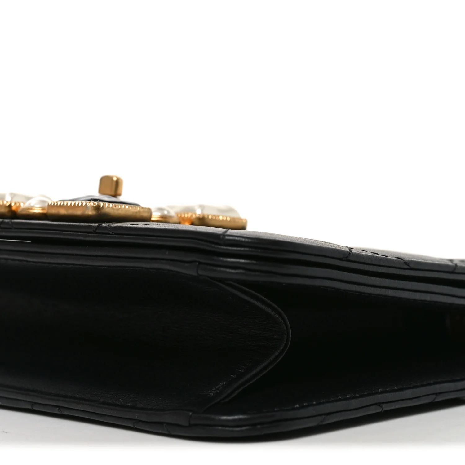 Calfskin Quilted Crystal Pearl Small Flap Bag Black