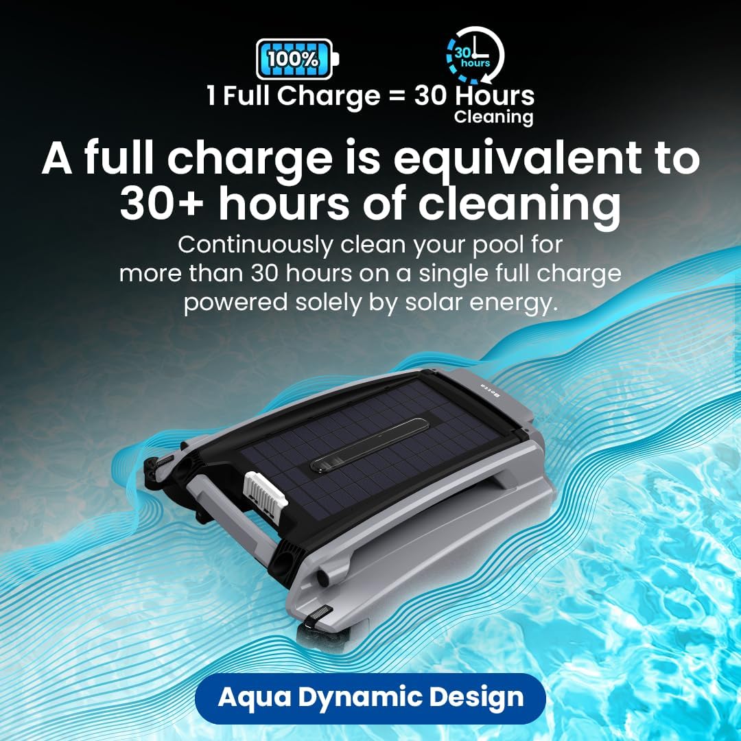 Solar Powered Robotic Pool Skimmer with Dual Charging Options and 30-hour Continuous Cleaning Battery Power, Shallow Water Safeguard, and Twin Salt Chlorine Tolerant Motors