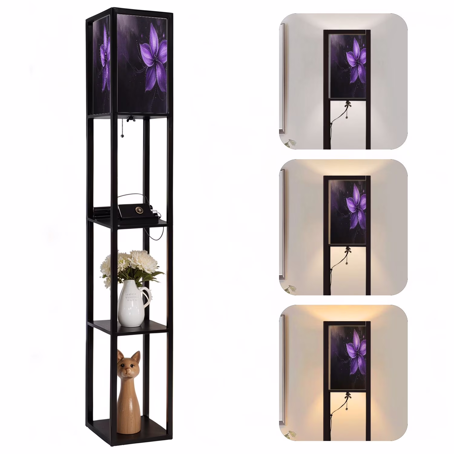 Floor Lamp with Shelves Corner Display Bookshelf Lamp for Living Room and Bedroom Purple Purple Wall Decor Purple Flower LED Modern Shelf Floor Lamp 3 Color Temperature(Color-1)