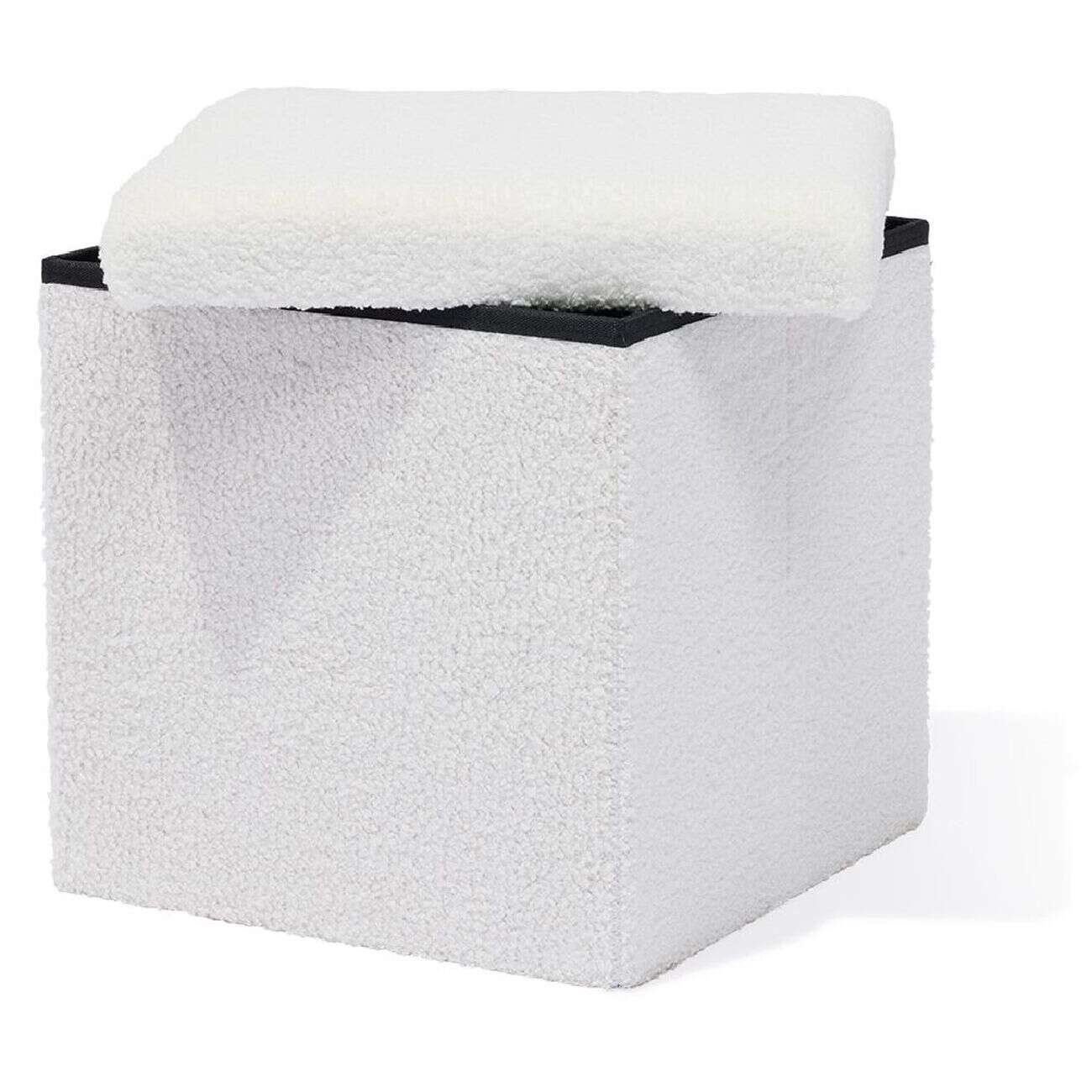 Pouf coffre Clara décor laine bouclée Blanc  - L38xP38xH38 cm