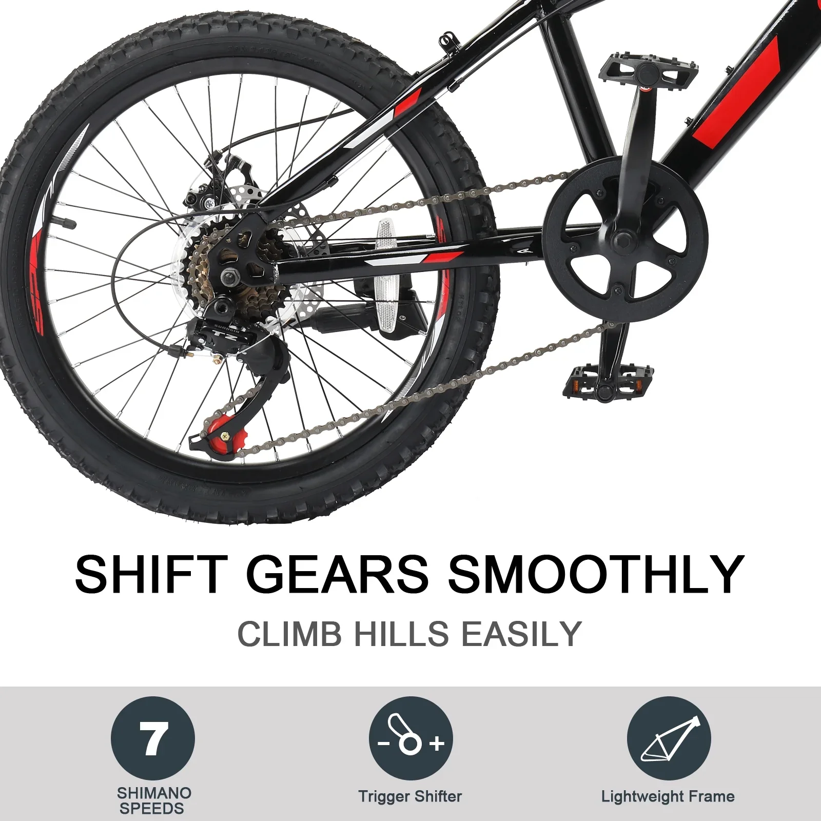 UBesGoo 20in 7 Speed Mountain Bike, Lightweight All Terrain Bicycle with Dual Disc Brakes, Suspension, Black Red