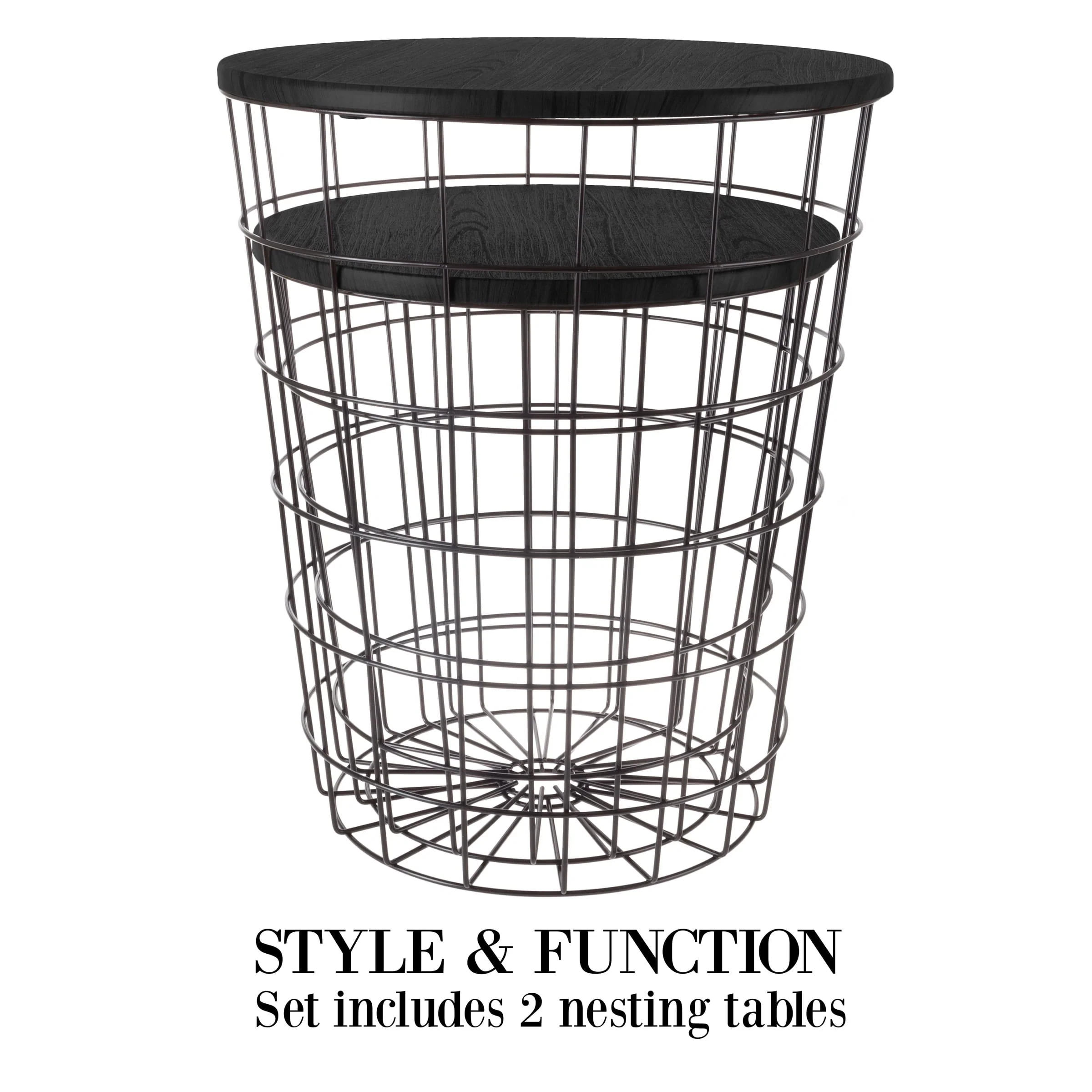 Nesting End Tables with Storage- Set of 2 Round Metal Baskets By Lavish Home (Black)(Black)