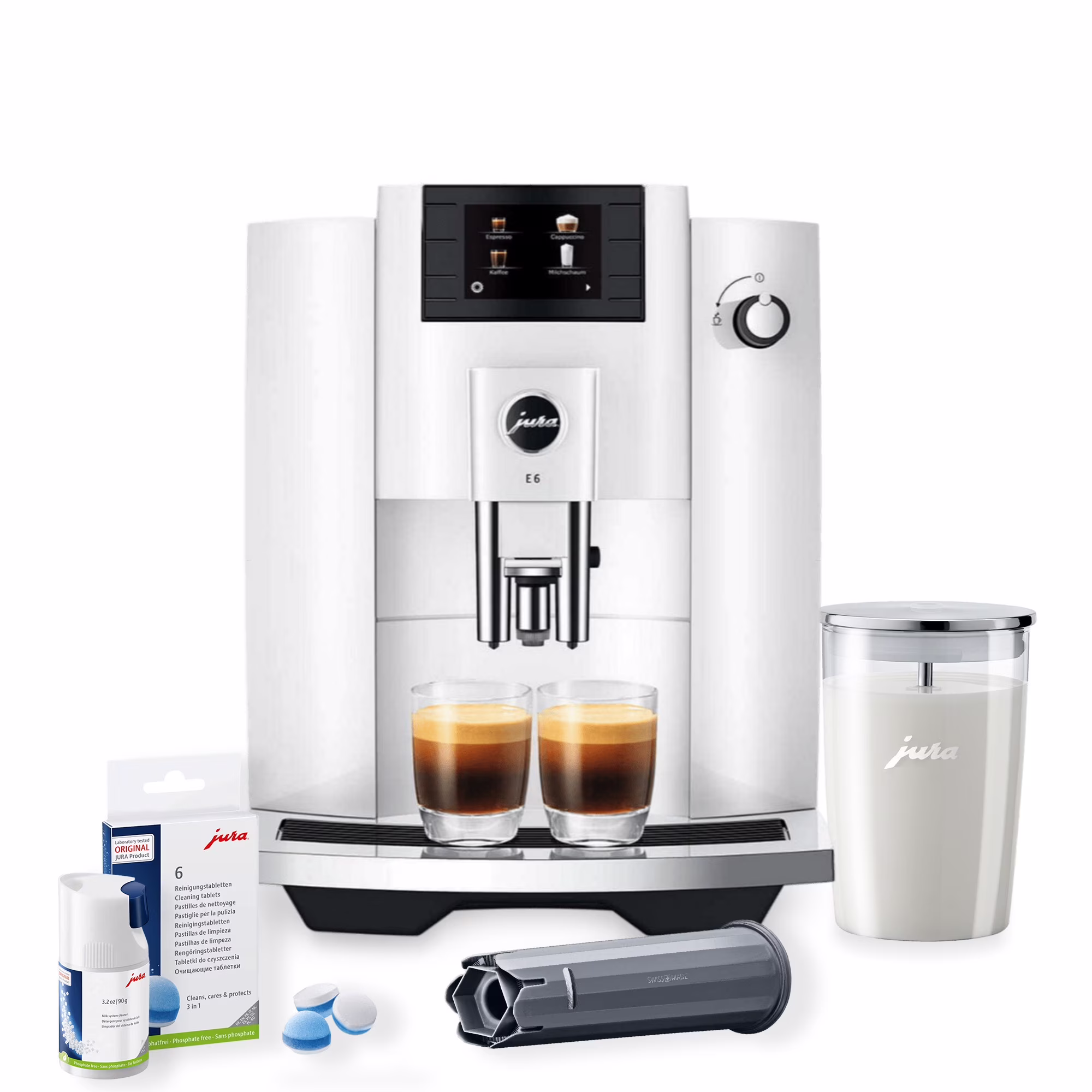 Jura E4 Coffee Machine (Piano White) with Filter, Cleaning Tablets and Coffee