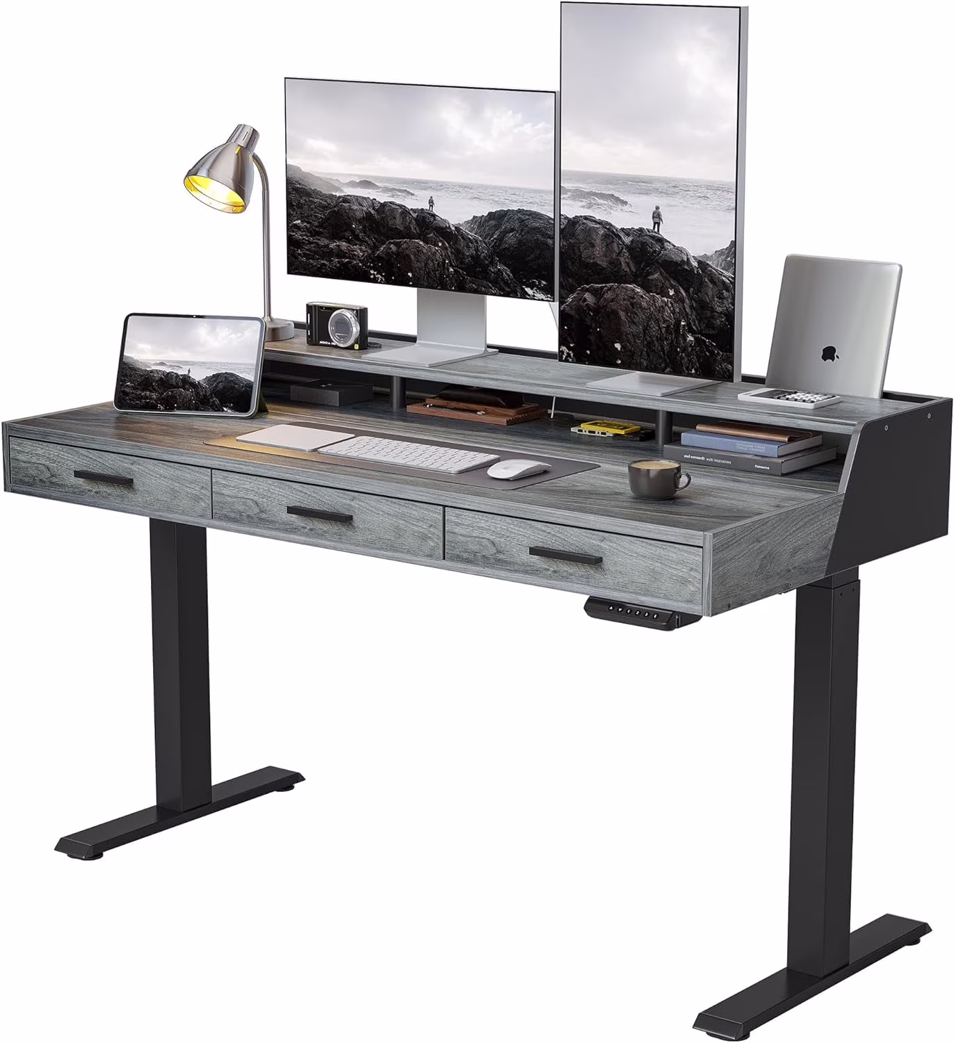 Electric Standing Desk with 3 Drawers Monitor Shelves, 48 x 26 inches Sit Stand Home Office Desk, Rustic Brown(48"/Rustic Brown) - Image 3