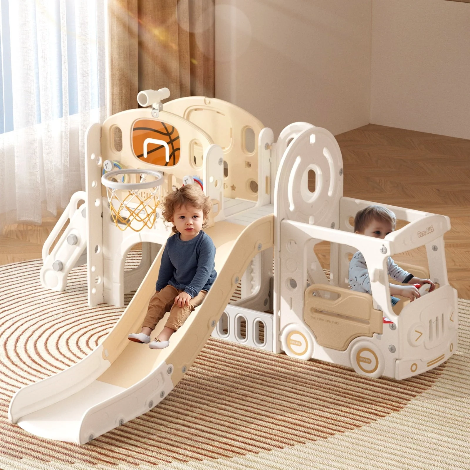 XJD 10 in 1 Toddler Slide, Kids Slide for Toddlers Age 1 - 3, Toddler Play Climber Slide Playset with Basketball Hoop and Ball, Toddlers Outdoor Indoor Playground(Beige+Coffee)