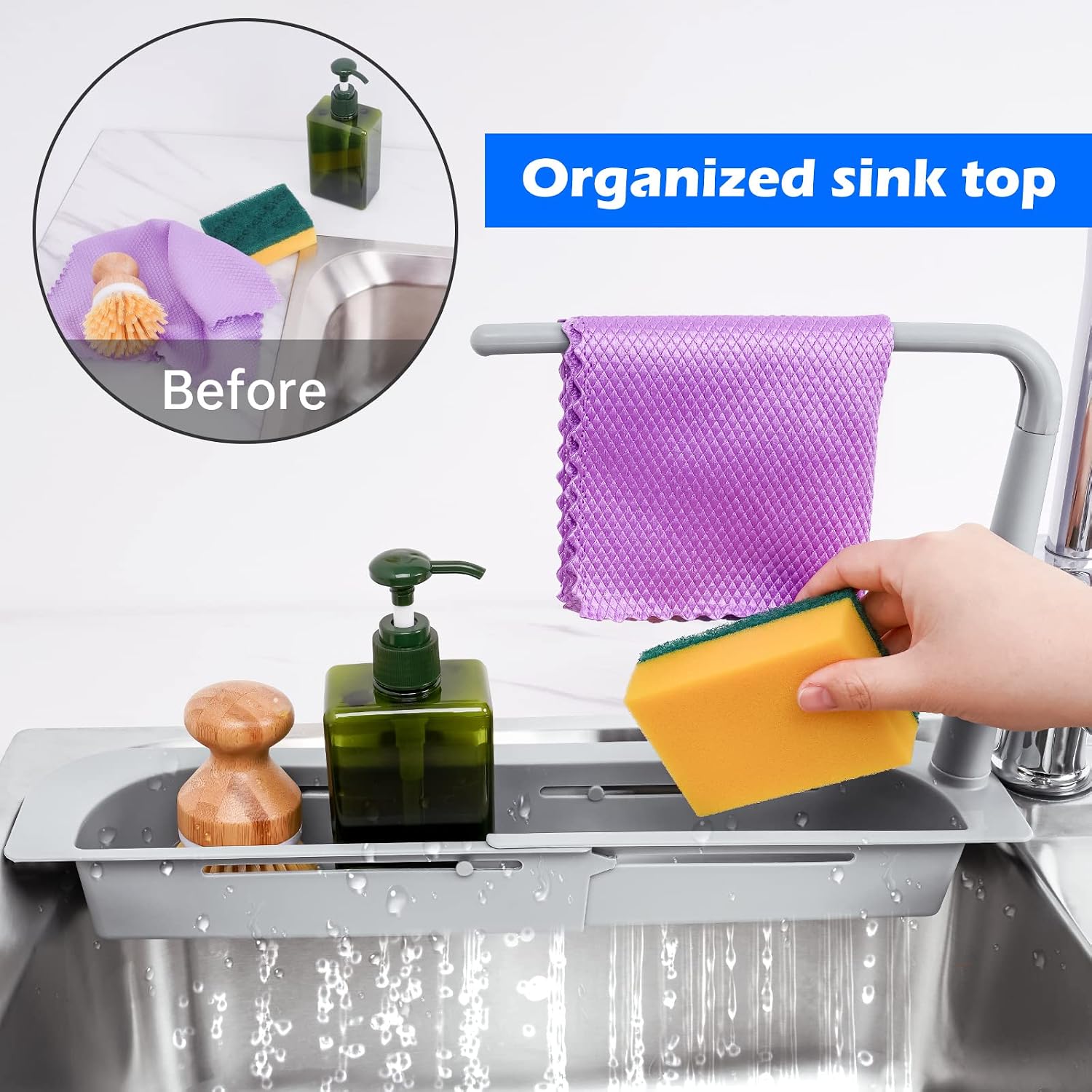 NiHome Telescopic Kitchen Over Sink Organizer with Towel Hanger