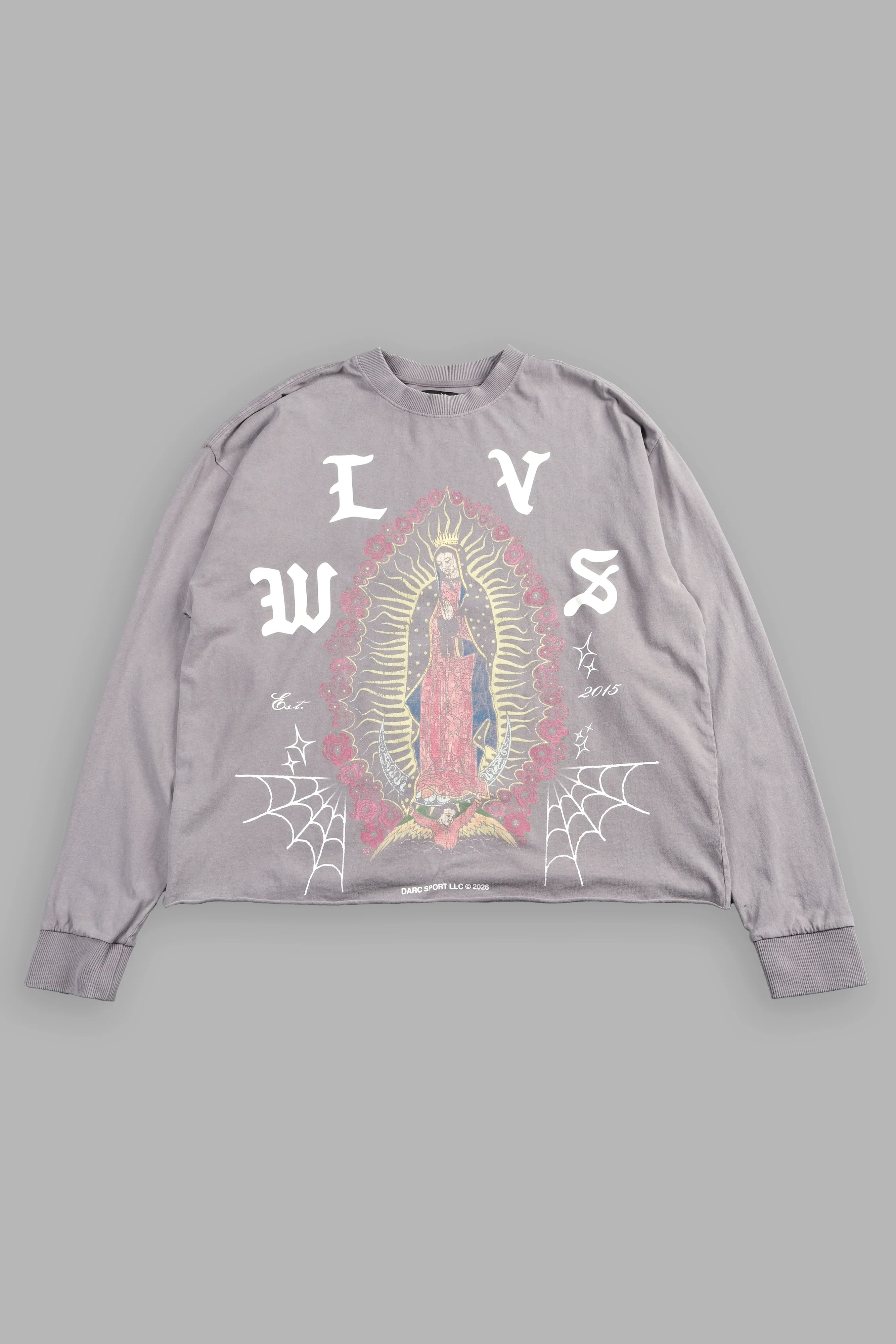 Dama De Las Rosas Grunge Mid Length Raw Hem Ls Tee In Pale Gray