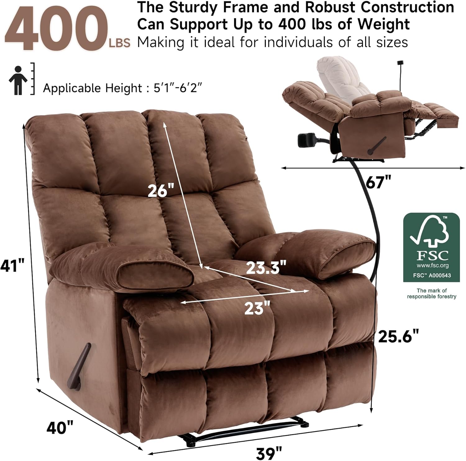 Euthymia Oversized Recliner Chair, Heavy Duty Recliner Chairs for Adults 400LBS, Large Recliner Chair, Extra Wide Recliners for Living Room, Brown