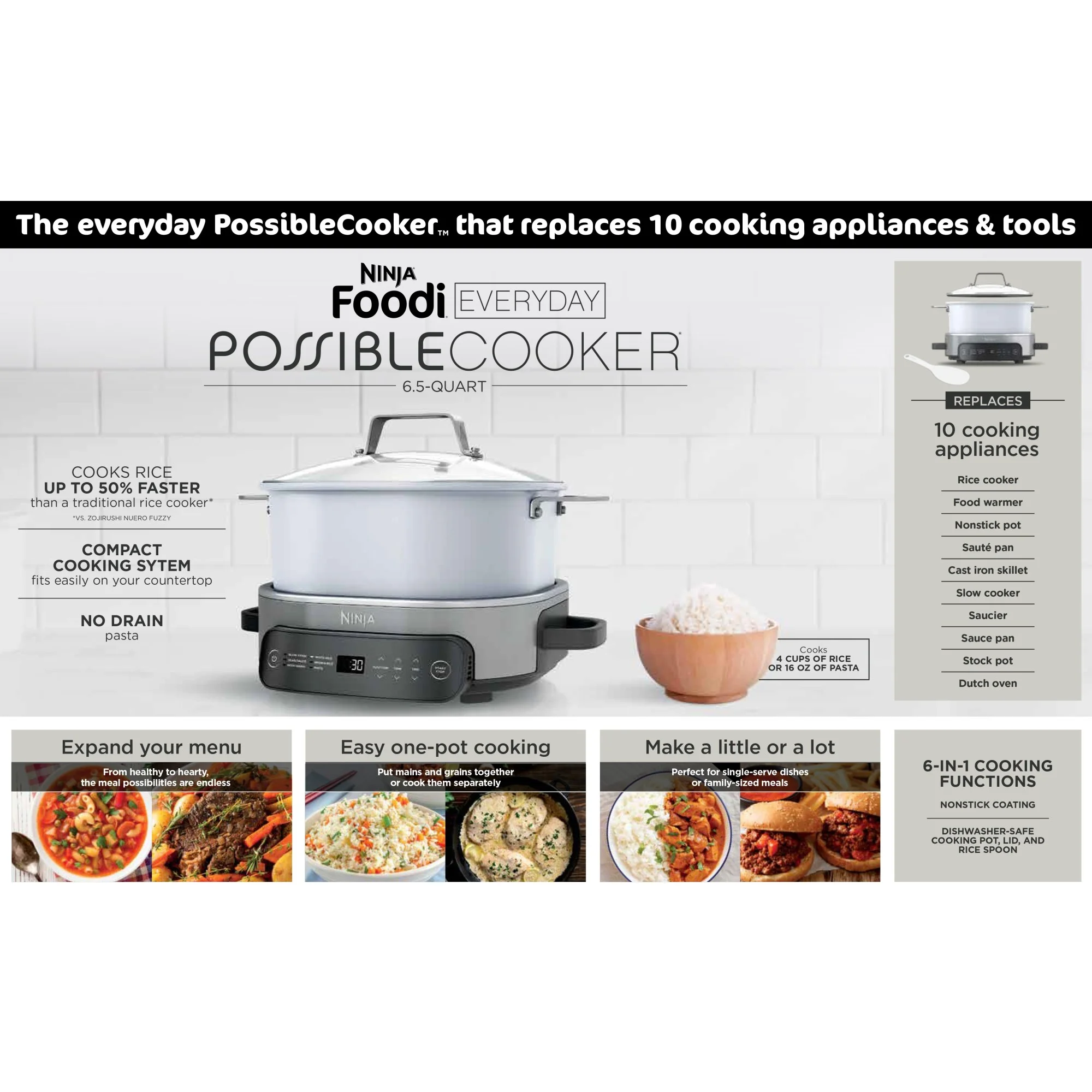 Ninja Foodi 6.5 Qt Everyday Possiblecooker, Stainless Steel/White, Multi Cooker, Slow Cooker, MC1100