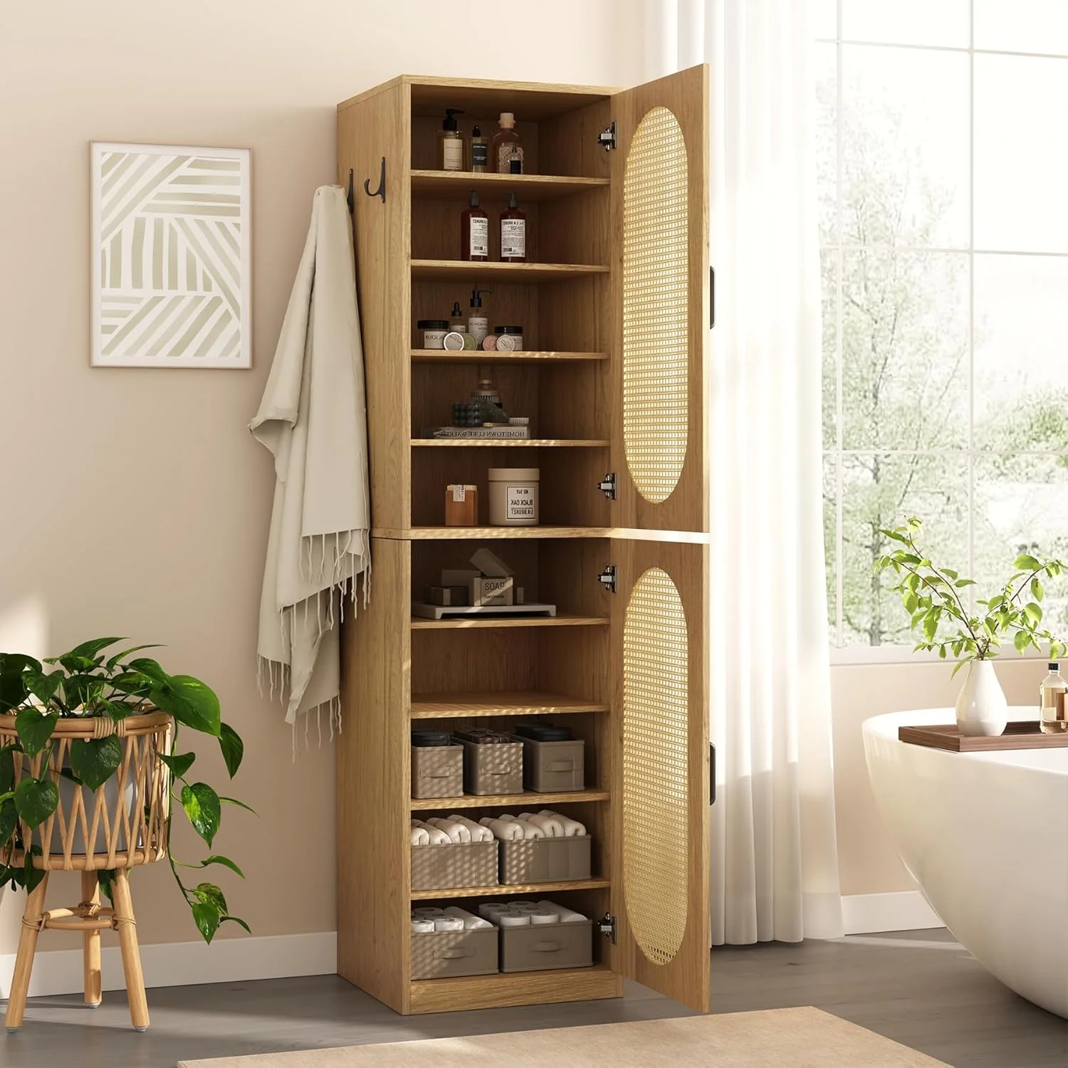 66-Inch Bathroom Storage Cabinet with Rattan Doors, Bath Room Organizer Floor Cabinets Brown - Image 3