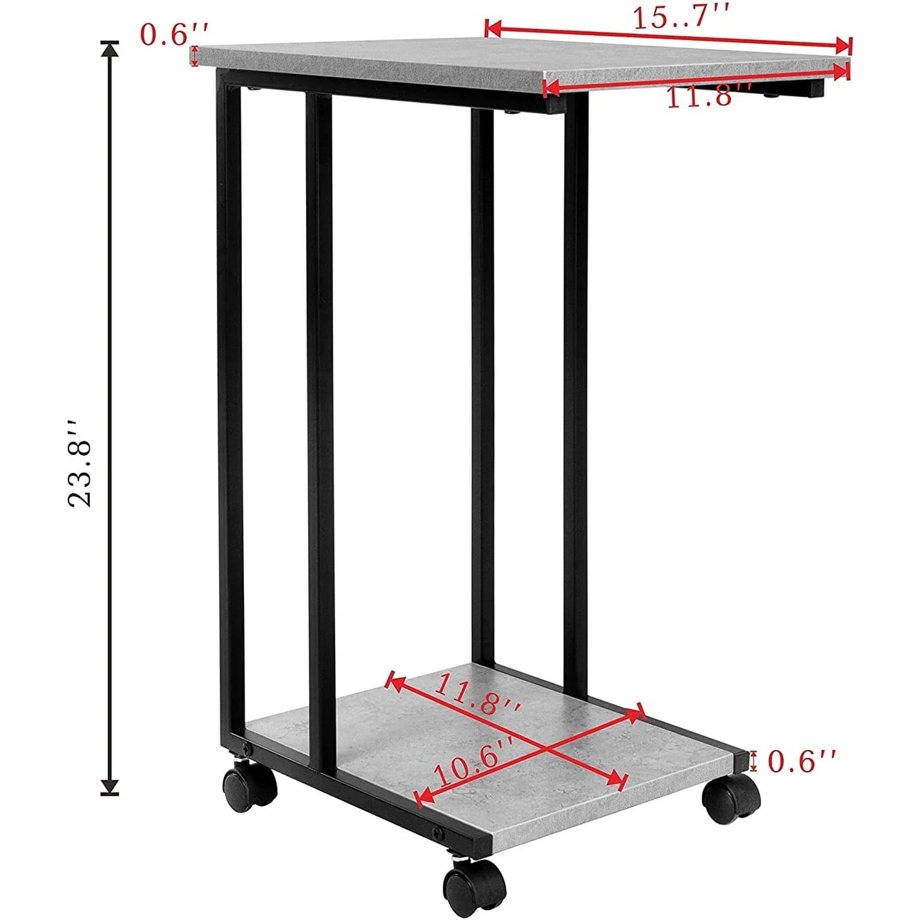 JJS Side End C Table for Sofa, Living Room Couch Table Snack Table That Slide Under for Small Spaces Cement/Black