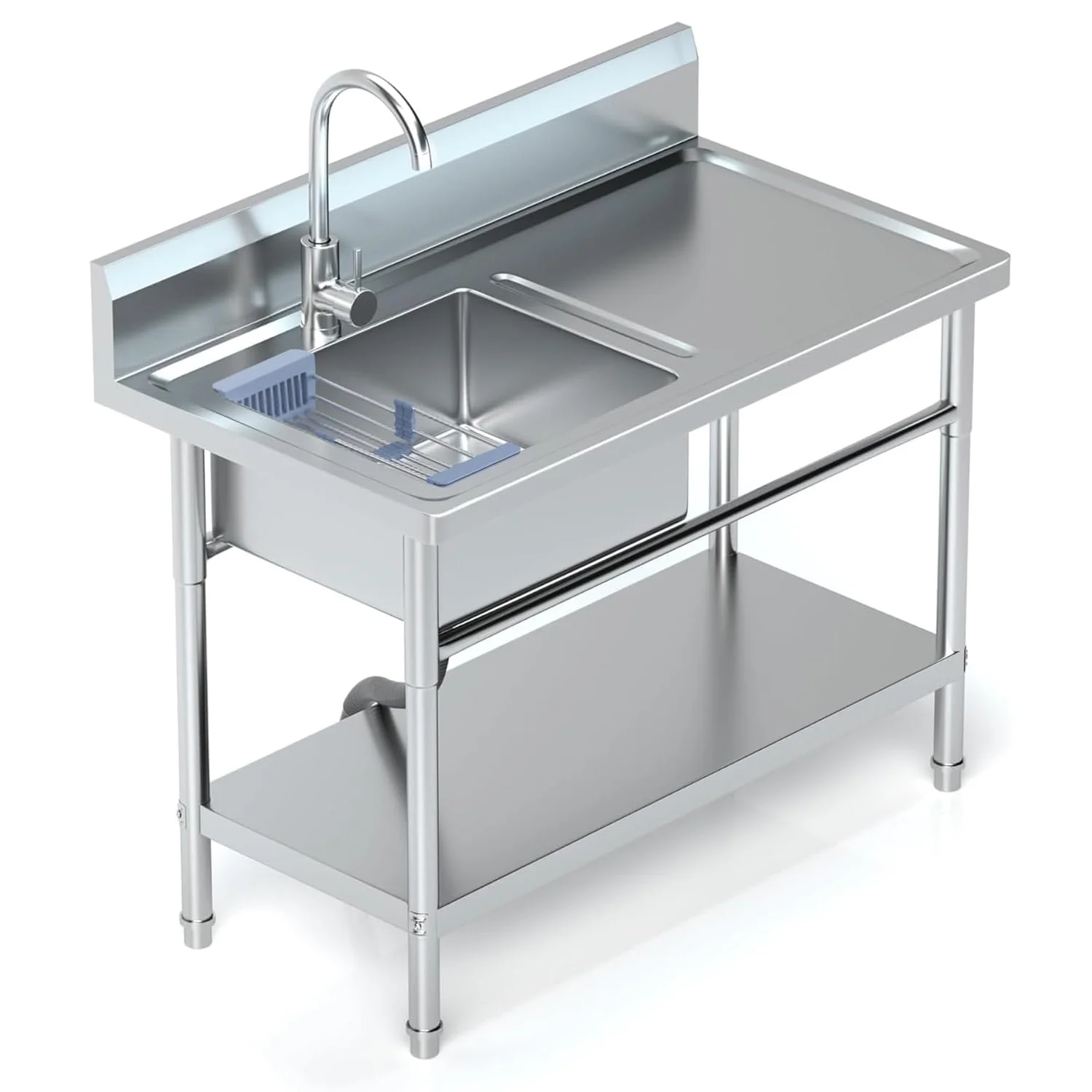 Stainless Steel Utility Sink with Cold and Hot Water Pipes, Free Standing Single Bowl Commercial Kitchen Sink with Workbench, Storage Shelf& Faucet, for Kitchen, Bathroom, Farmhouse, Indoor, Outdoor
