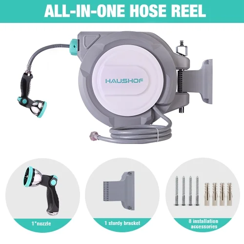 HAUSHOF 1/2 x 100 ft Retractable Garden Hose Reel with Automatic Rewind, 10-Pattern Spray Nozzle, Durable High-Pressure Hose, and 180�� Swivel Bracket �C Perfect for Watering Gardens, Cleaning Patios