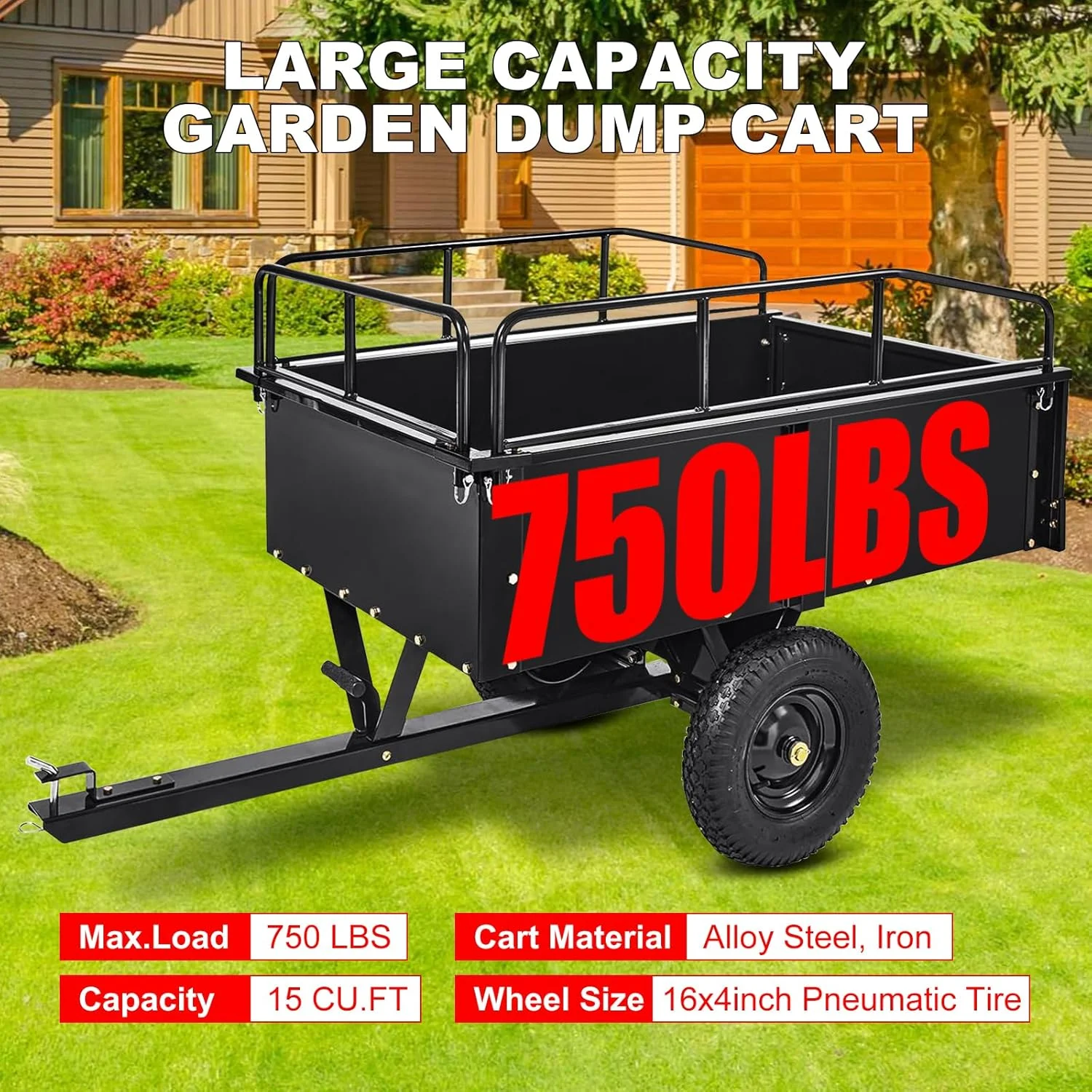 Heavy Duty Steel ATV Trailer,1600 Lbs Dump Cart, 15 Cubic Feet, Removable Sides, for Riding Lawn Mower Tractor(1600 lbs/Orange) - Image 10
